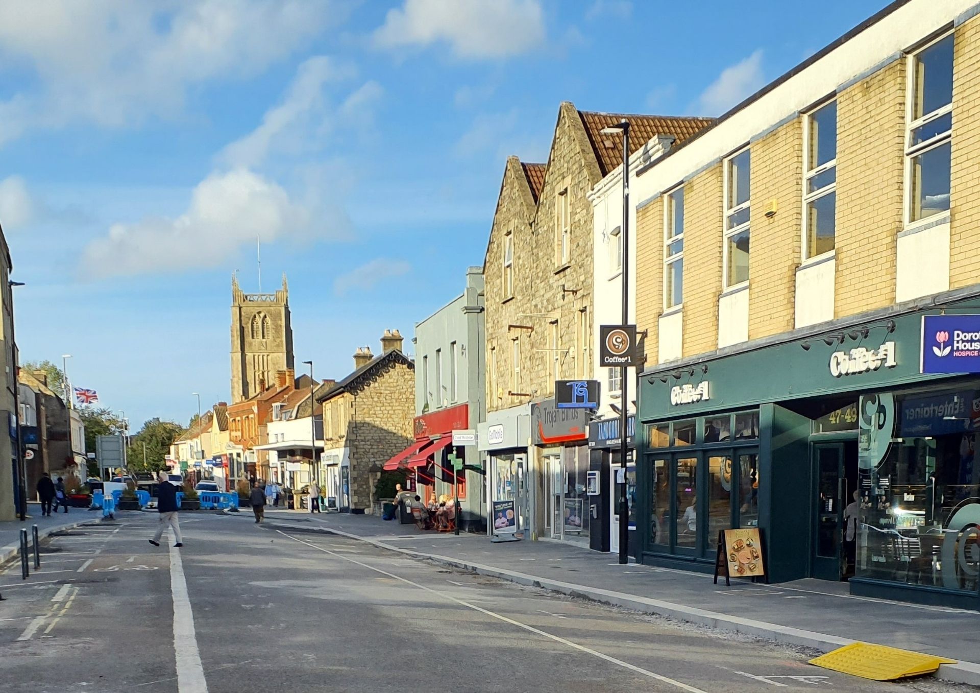 A shot of Keynsham High Street looking towards the church