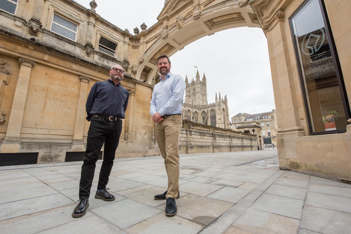 Cllr Kevin Guy and Cllr Richard Samuel stand outside the new Bath World Heritage Centre