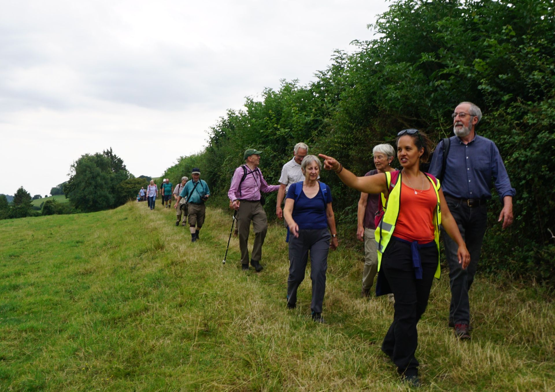 A group of walkers at the edge of a field with the leading pointing towards the distance