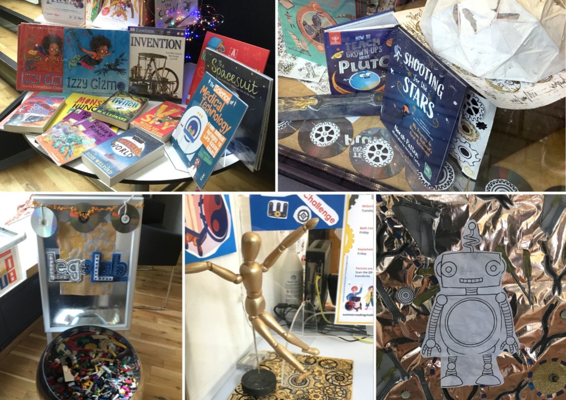 Photos of books, a paper cut out of a robot and displays related to the challenge theme