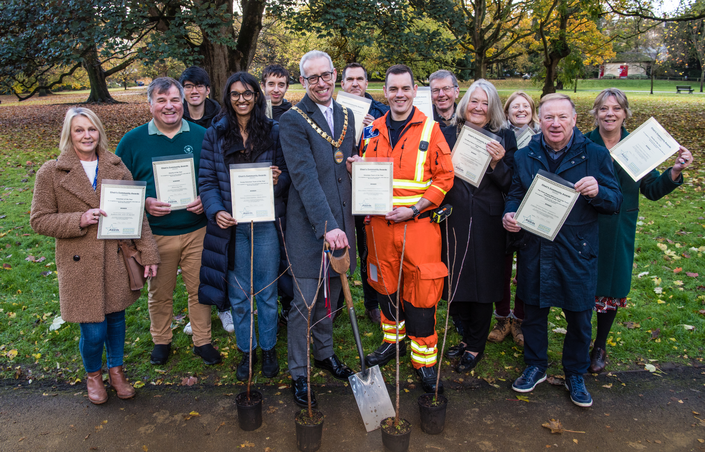 Group of winners of Community AWards 2022 in Henrietta Park, Bath with new trees planted