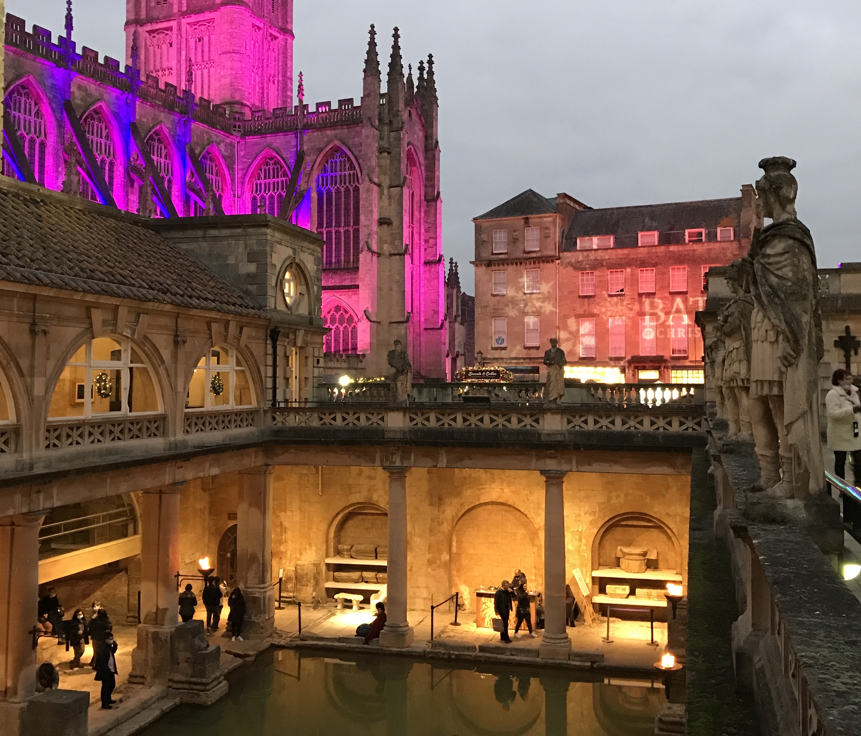 Christmas at the Roman Baths, with Bath Abbey in the background