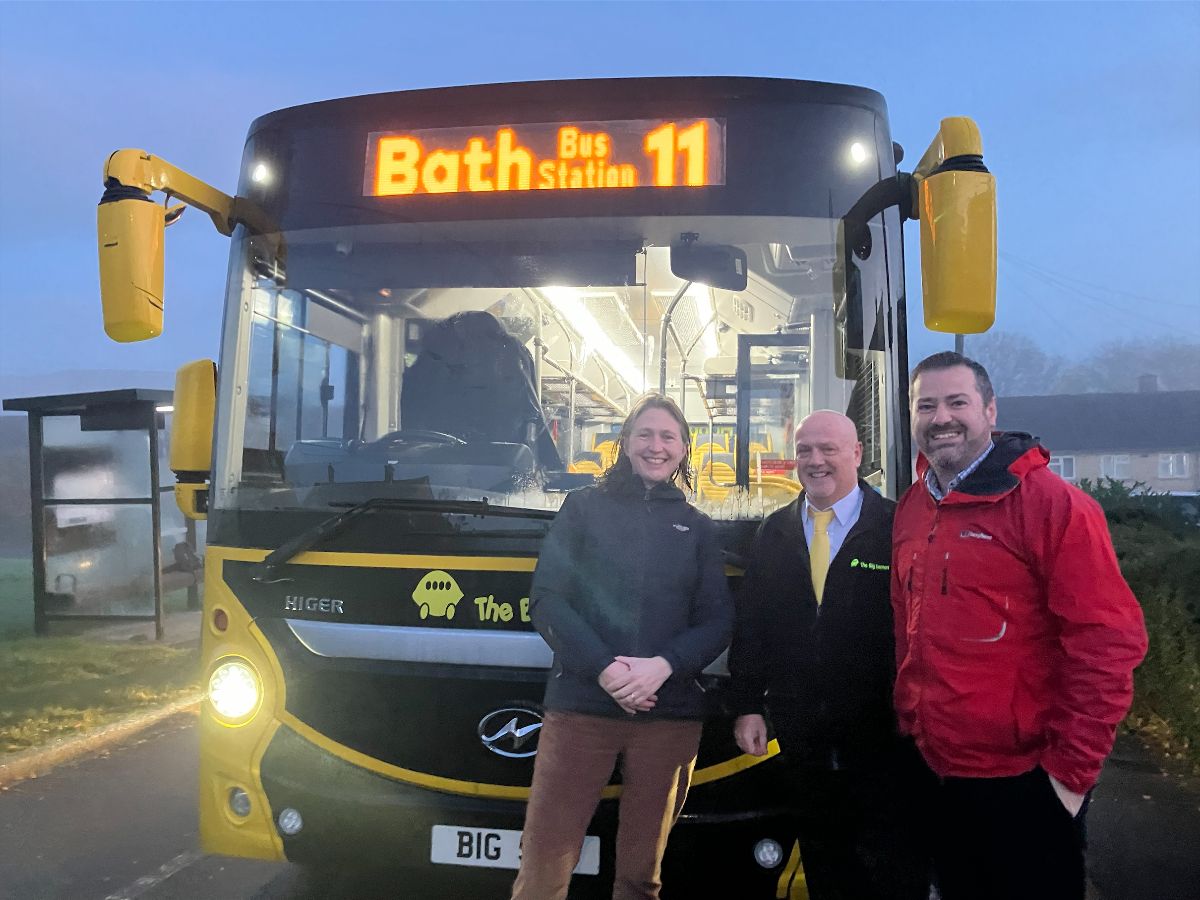 Cllrs Sarah Warren (left) and Kevin Guy (right), meet Colin Morris, the Operations Manager of Big Lemon Buses.