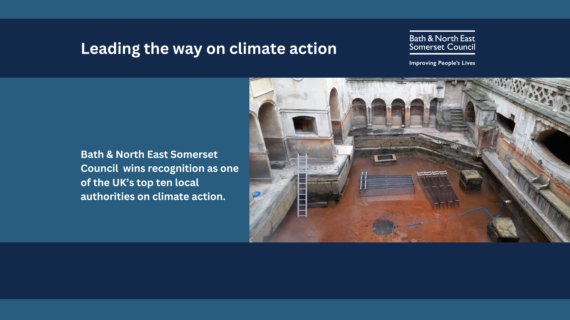Text about success of council and a photograph showing the drained King's Bath and new energy exchange blades being installed
