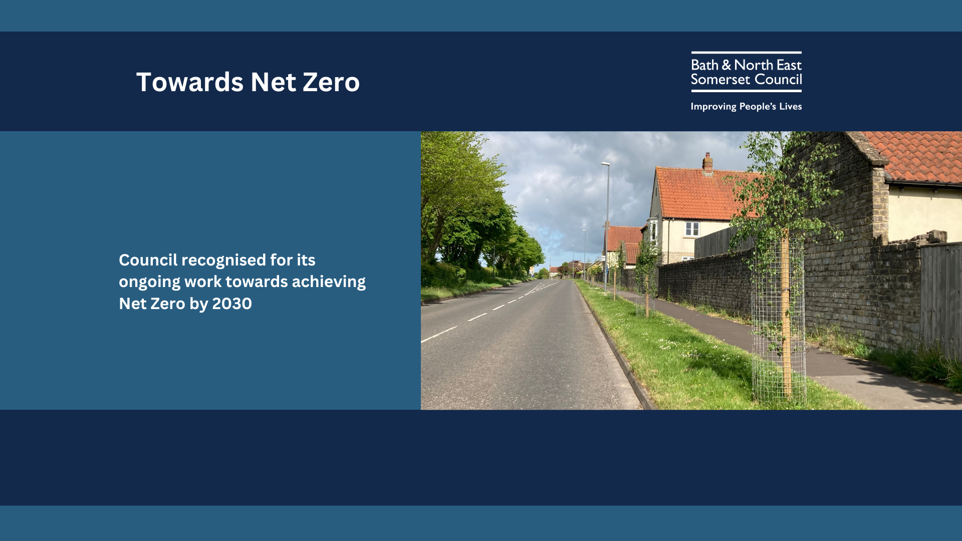 text explaining council recognised for net zero actions and image of tree lined street