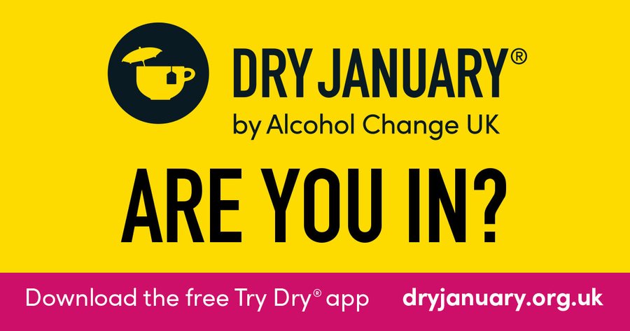 Image is a yellow background with  the text Dry January  Are You In 