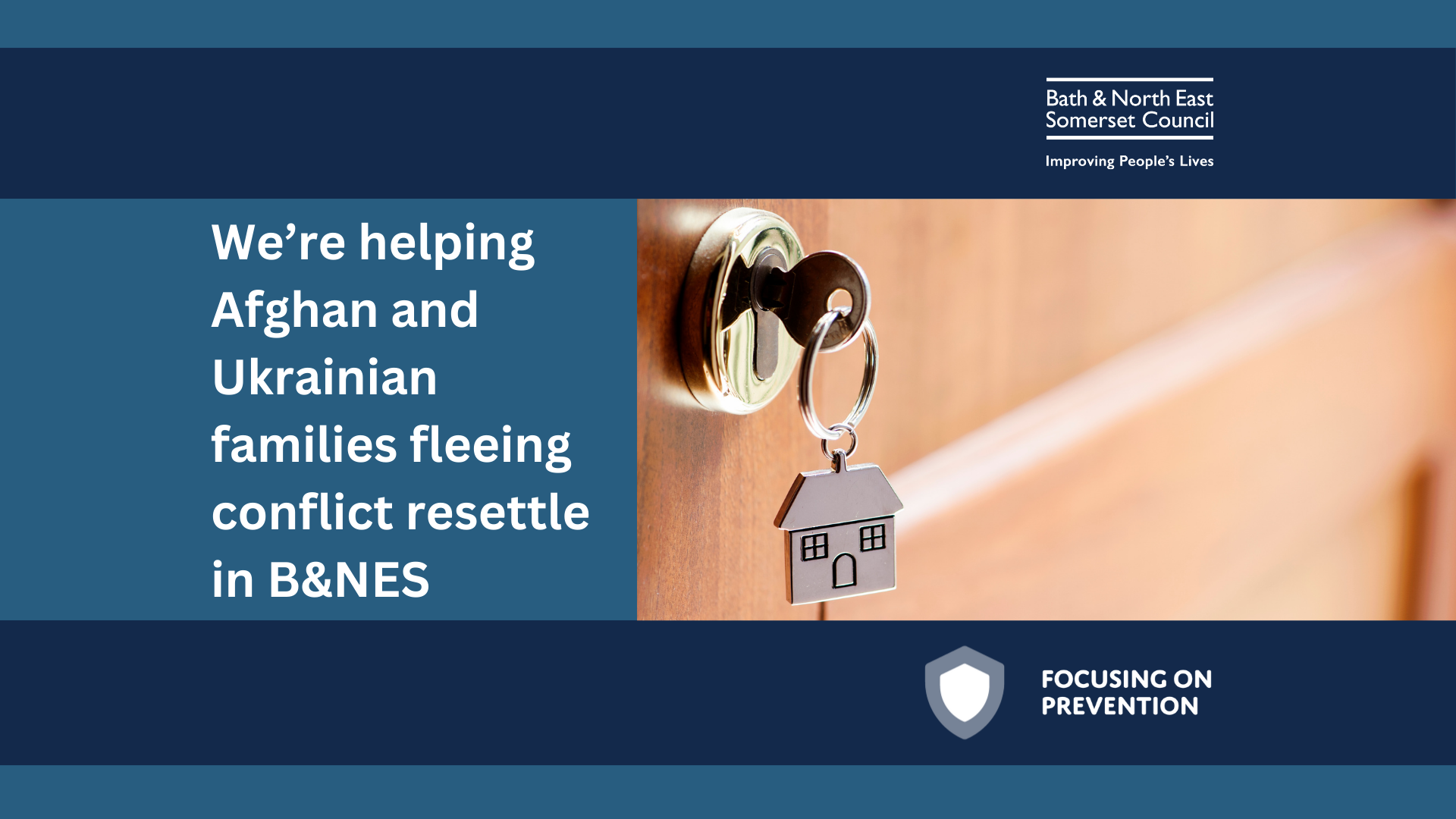 image shows a key in a door with text to the left which says We’re helping Afghan and Ukrainian families fleeing conflict resettle in B&NES