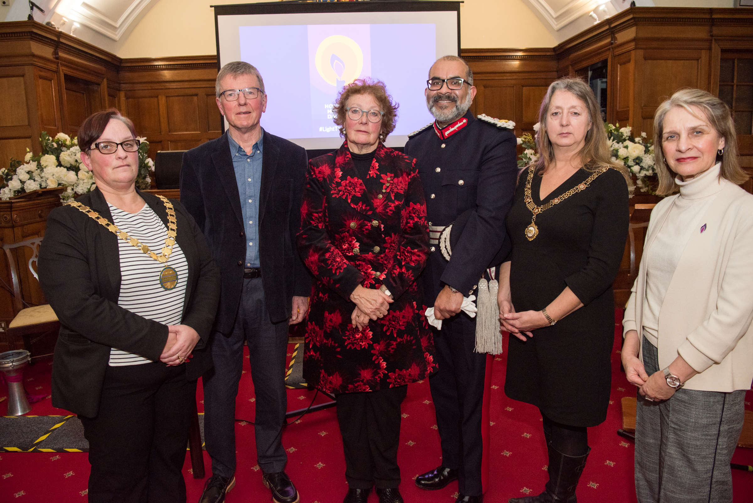 Pictured left to right Councillor Sarah Moore, Chair of Bath & North East Somerset Council Chair of Bath Interfaith Group David Musgrave, Yolanda Ropschitz-Bentham,  Mr Mohammed Saddiq, His Majesty’s Lord-Lieutenant of Somerset, Councillor Dine Romero, the Mayor of Bath and MP for Bath Wera Hobhouse.   