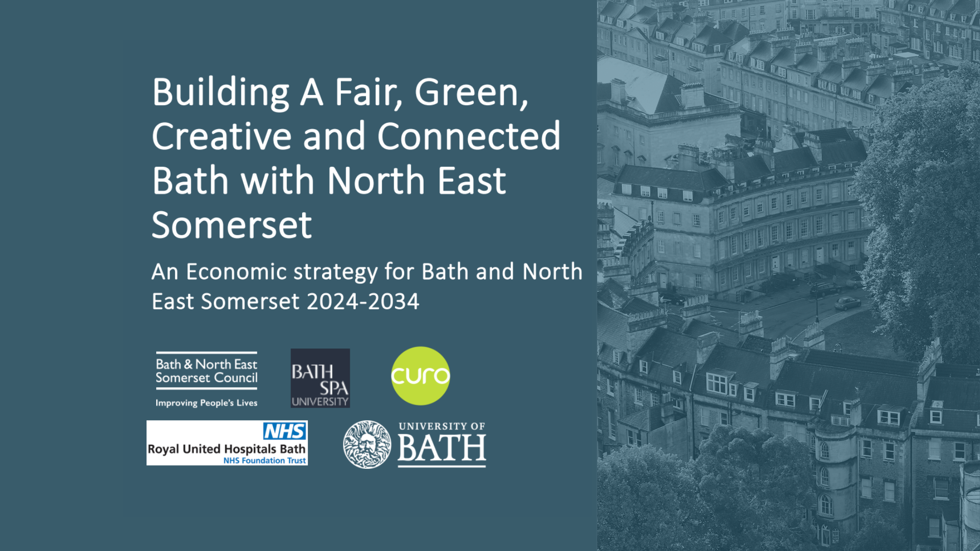 Front cover shows Bath rooftops and the title Building a Fair, Green and Connected Bath with North East Somerset Economy.