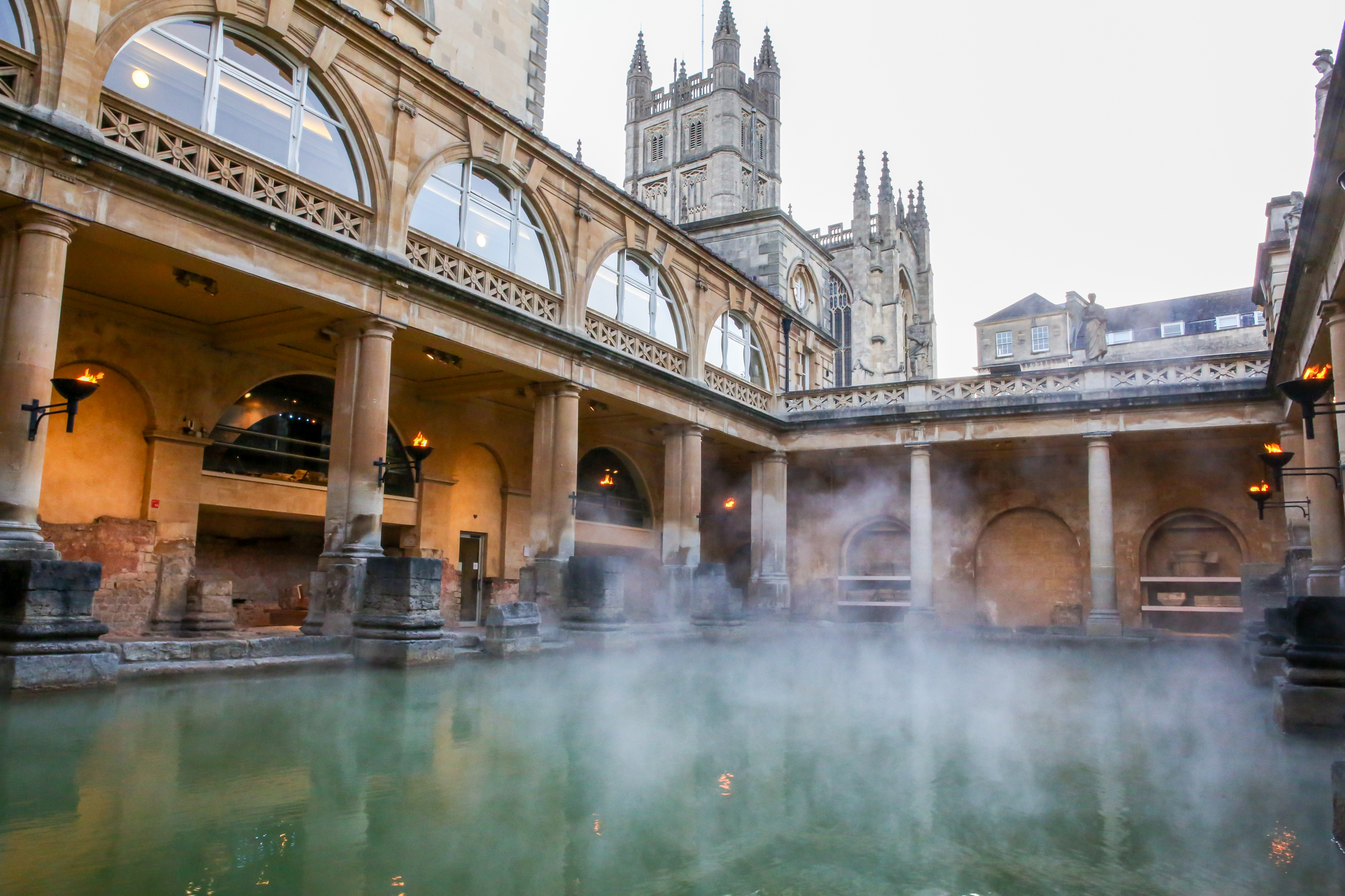 The steamy Great Bath at the Roman Baths
