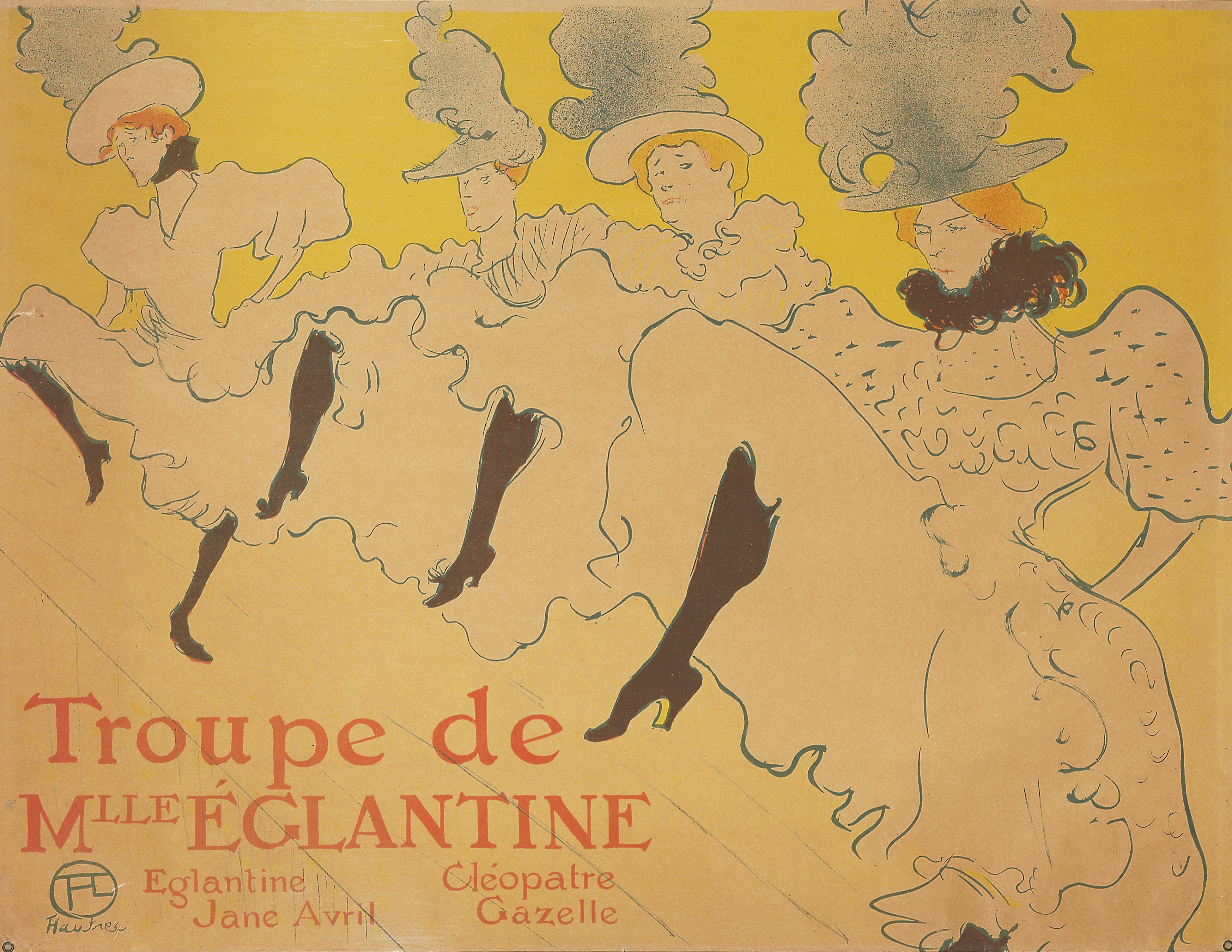 Toulouse-Lautrec, La troupe de Mlle Eglantine, 1896. Image showing four cancan dancers with yellow background.