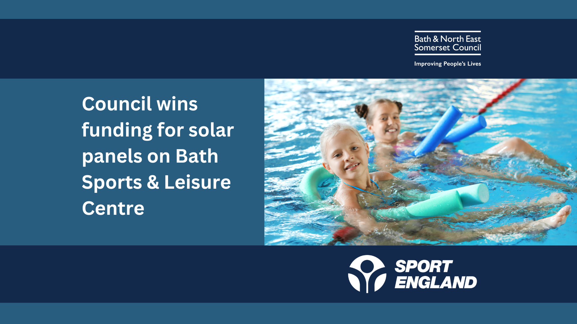 text about funding award and an image of two young girls in a swimming pool with floats