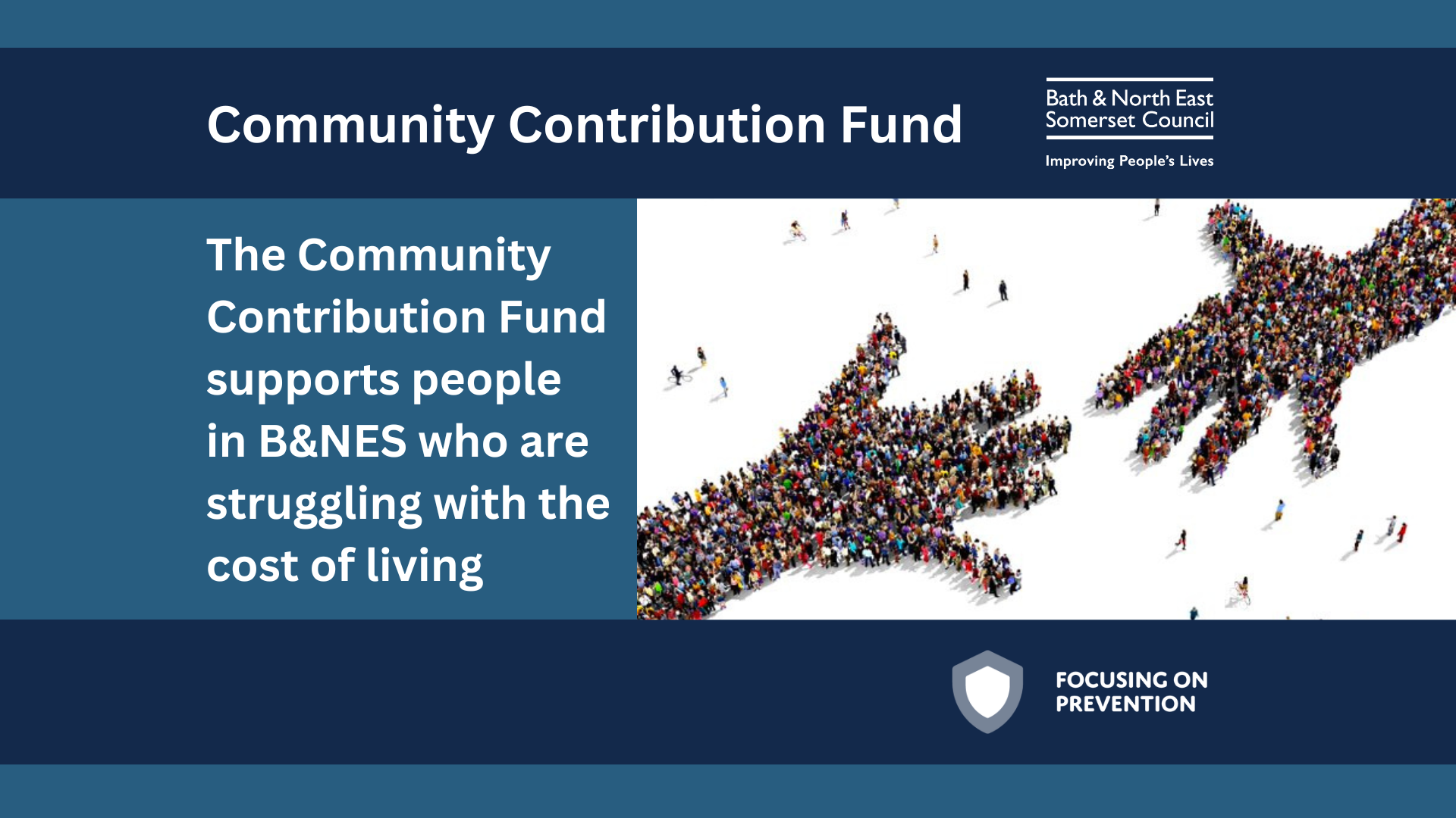 Text reads: The Community Contribution Fund supports people in B&NES who are struggling with the cost of living. Two hands made up of hundreds of people viewed from above reach out to each other.