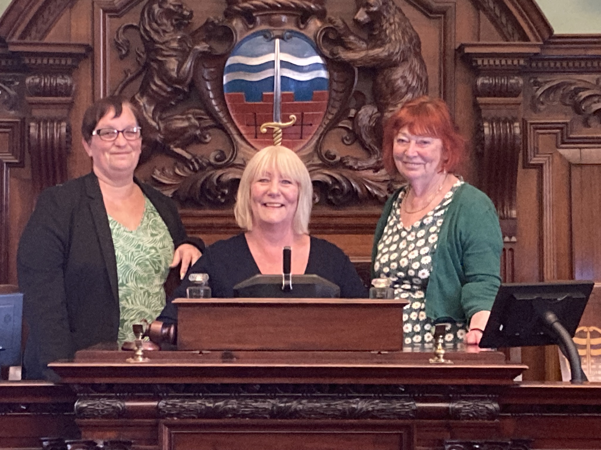 Pictured in the B&NES Council chamber are left to right Councillors Sarah Moore, Councillor Karen Walker and Councillor Liz Hardman 