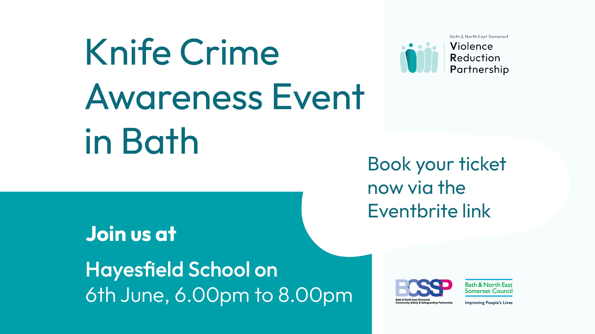 Graphic showing details of a knife crime awareness event in Bath on 6 June from 6pm-8pm. The eventbrite link to book tickets is knifeawareness.eventbrite.co.uk