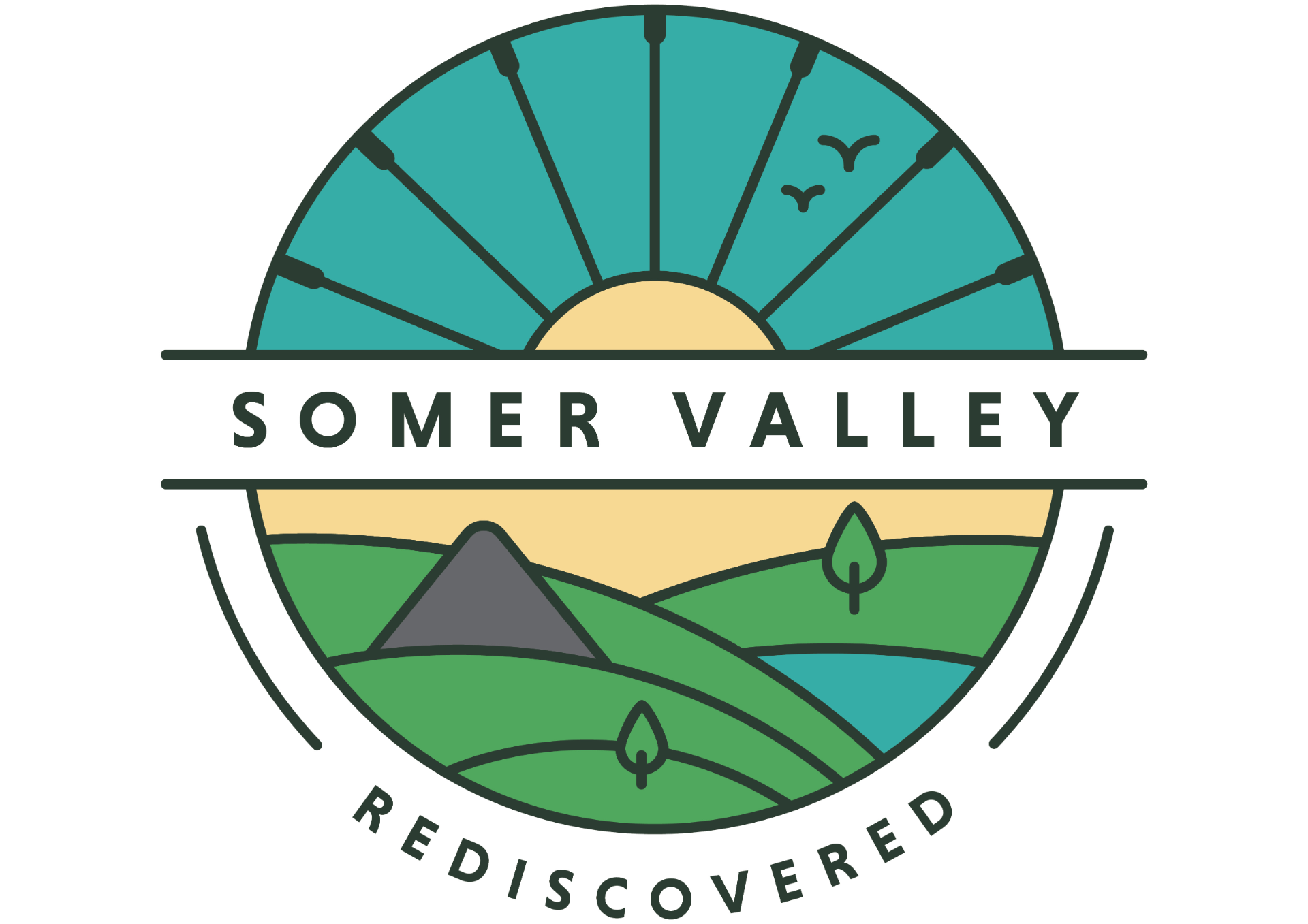 Somer Valley Rediscovered logo which is a circle with blue quadrants to represent the sky, green hills and a lake