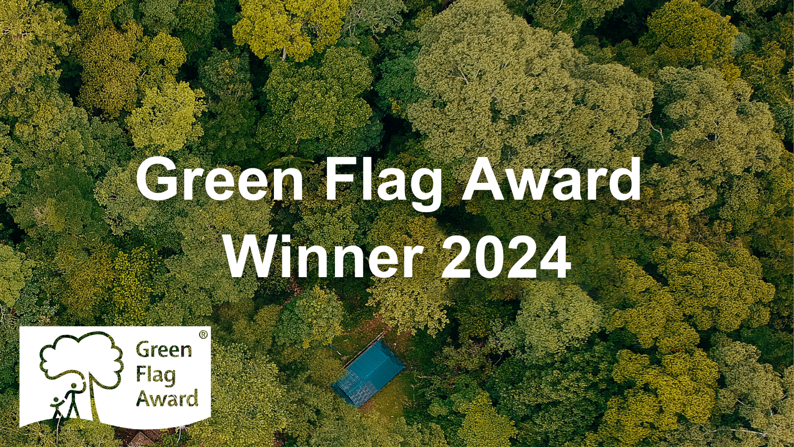 A tree canopy viewed from above with text overlay reading Green Flag Award Winner 2024