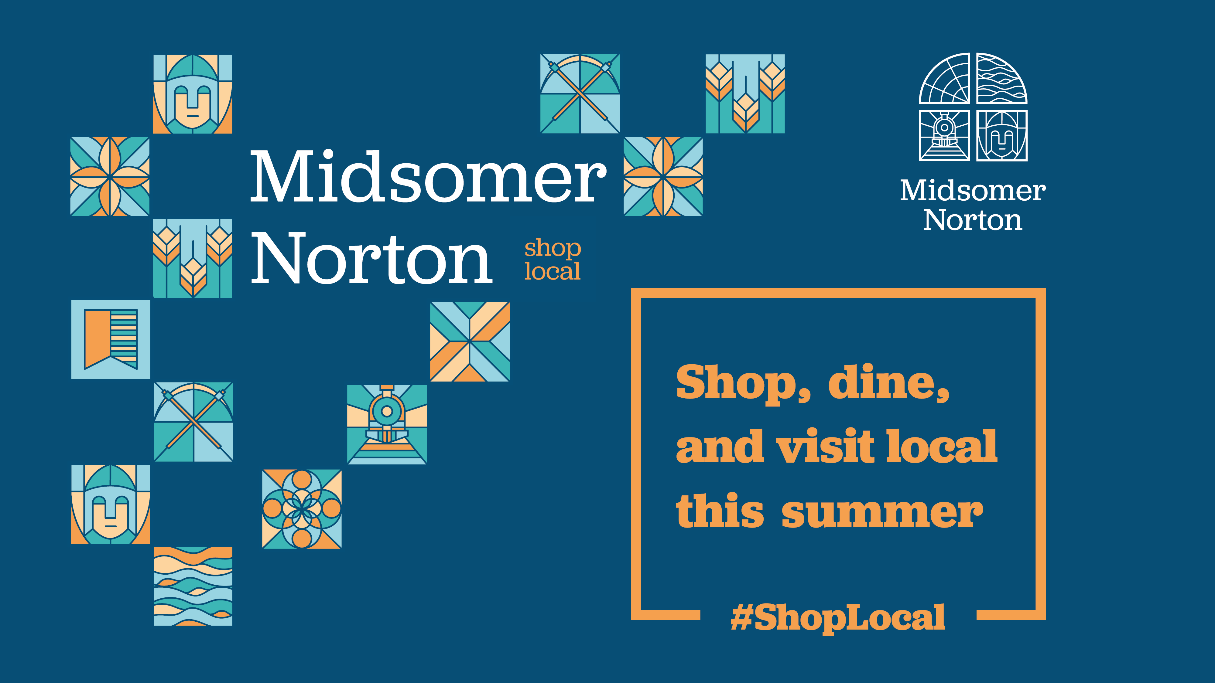 text about the shop local campaign and a design featuring small square icons similar to heraldry