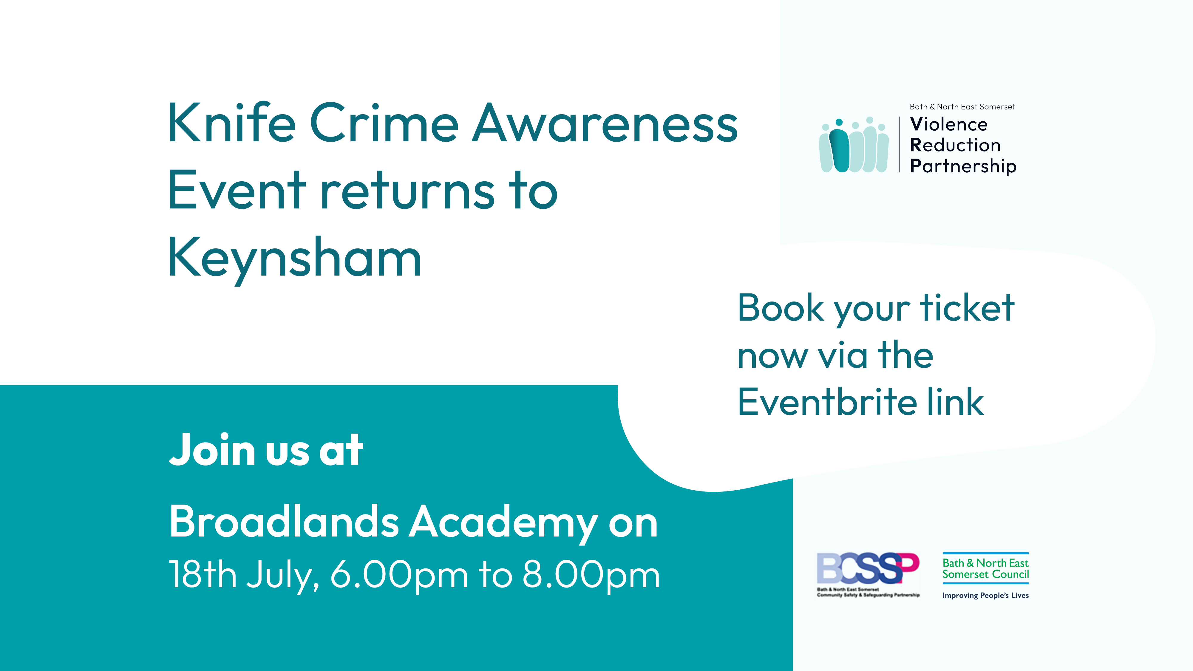 Graphic showing details of knife crime awareness event at Broadlands Academy in Keynsham from 6pm to 8pm on Thursday 18th July