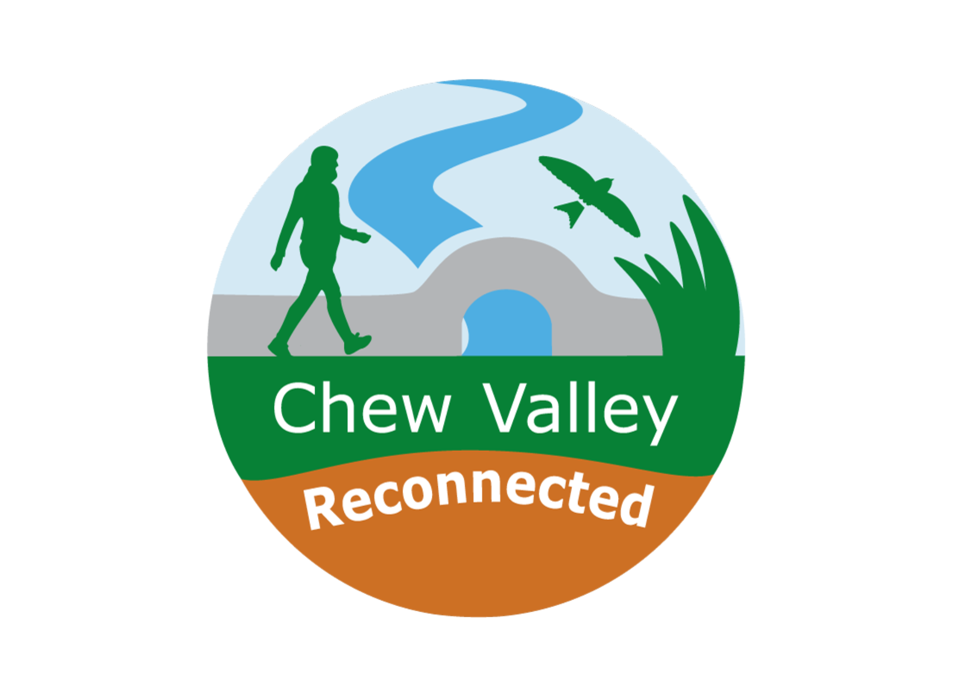 logo of Chew Valley Reconnected showing a person walking a river going under a bridge and a bird in flight. Cartoon style artwork