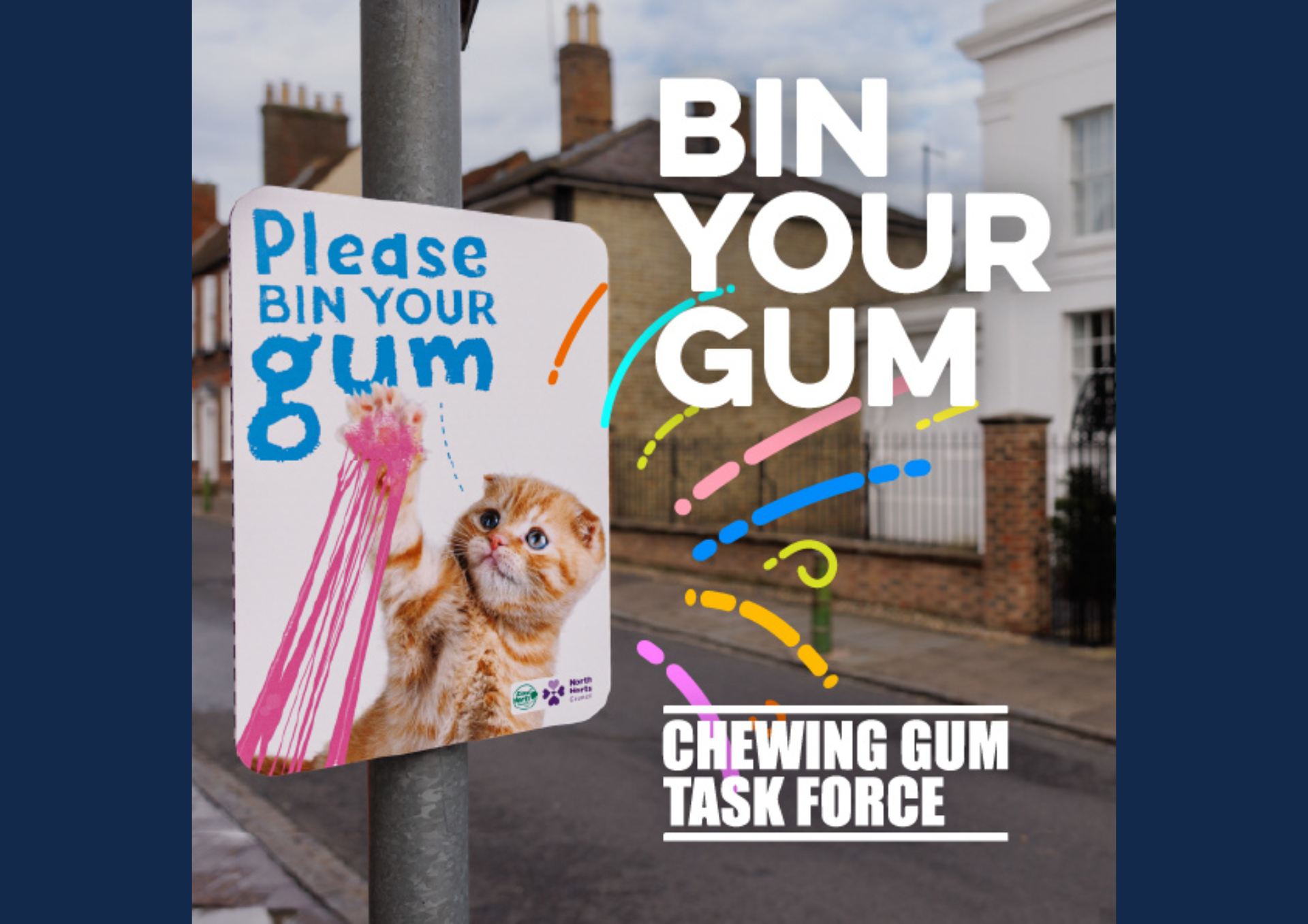 a photo of a poster pinned to a lamp post with text saying please bin your gum and a cat with pink gum stuck on its paw