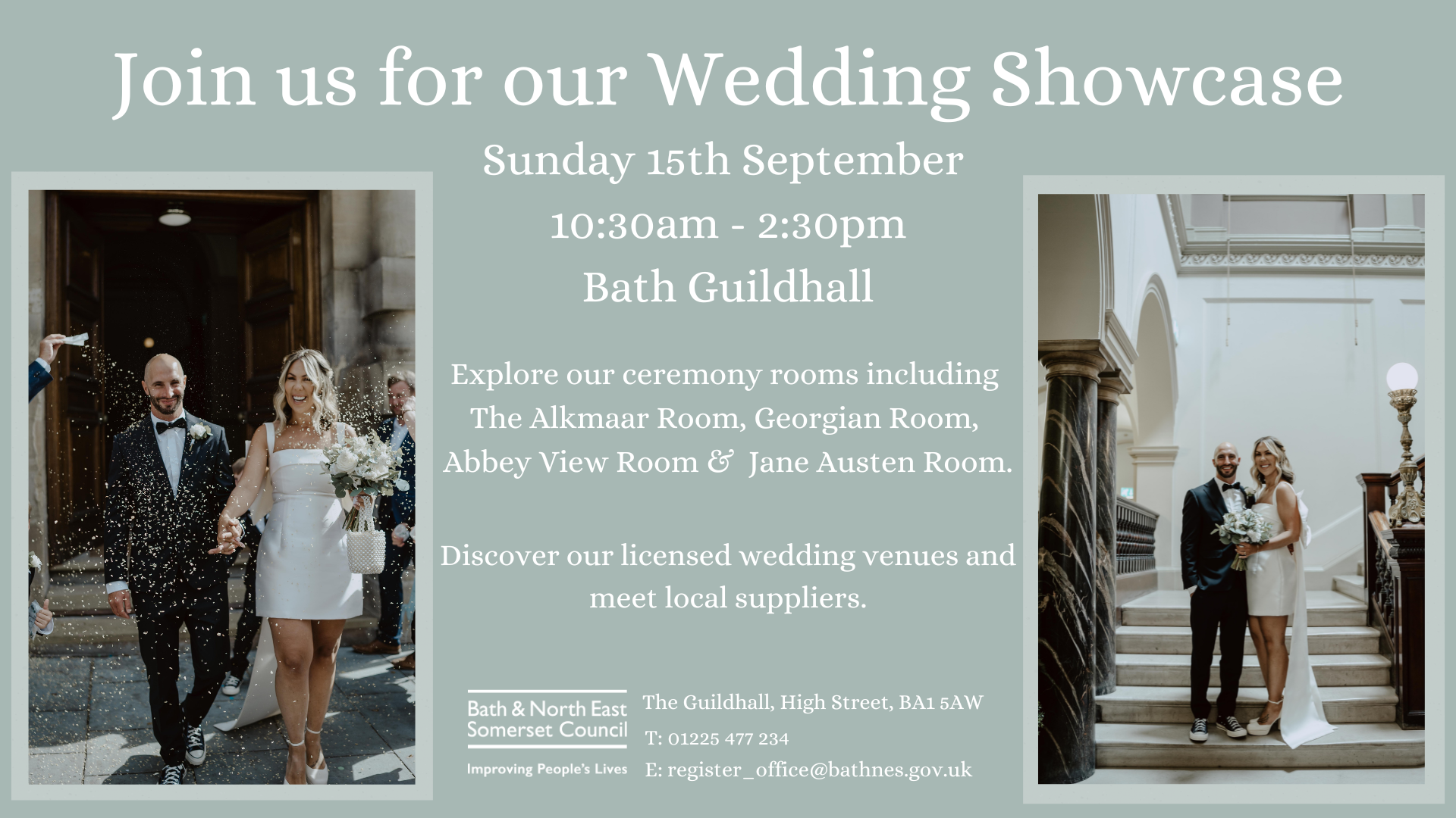 Poster for the wedding showcase in Bath on 15 September, 10.30am to 2.30pm. Either side of the graphic are a couple in wedding attire.