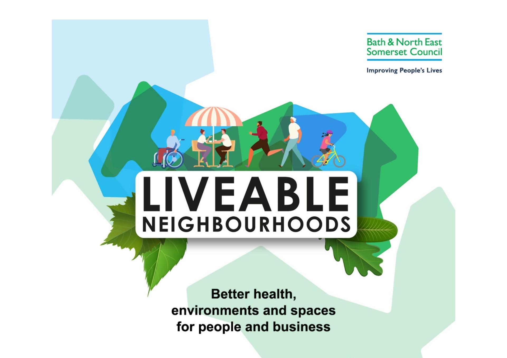 images is a graphic with a signpost saying liveable neighbourhoods with people cycling walking and seated around it