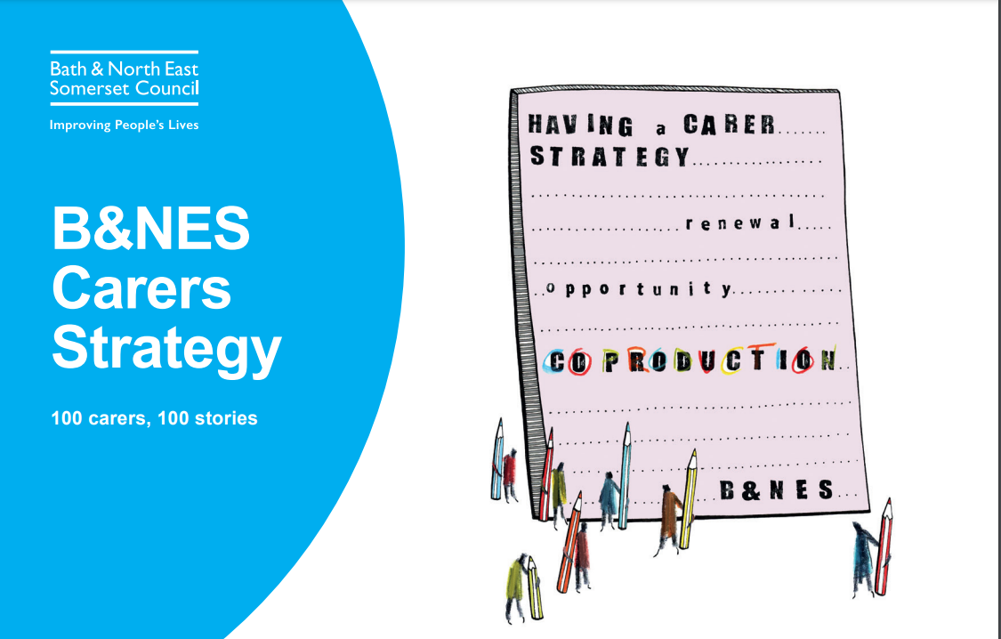 Text reads 'B&NES Carers Strategy' with an image in the form of a notepad reading Having a Carer Strategy...renewal...opportunity...co-production...B&NES. Abstract drawings of seven people holding giant pencils are at the bottom.