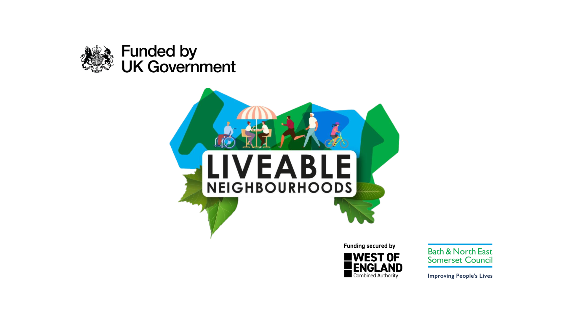 Liveable Neighbourhood branding which is a green and blue graphic of people walking, wheeling and cycling above a street sign saying Liveable Neighbourhoods.