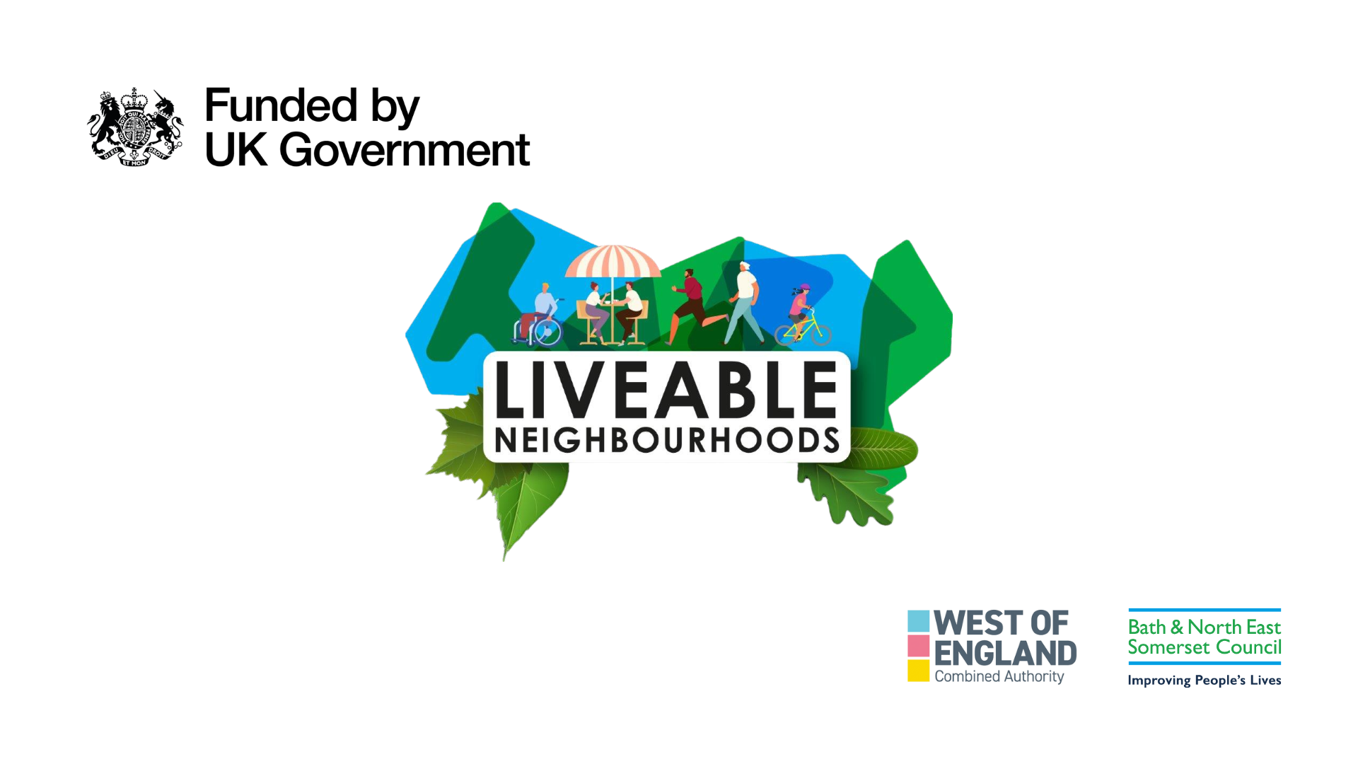 Image shows the Liveable Neighbourhood branding which is a green and blue graphic ot people walking, wheeling and cycling above a street sign saying Liveable Neighbourhoods