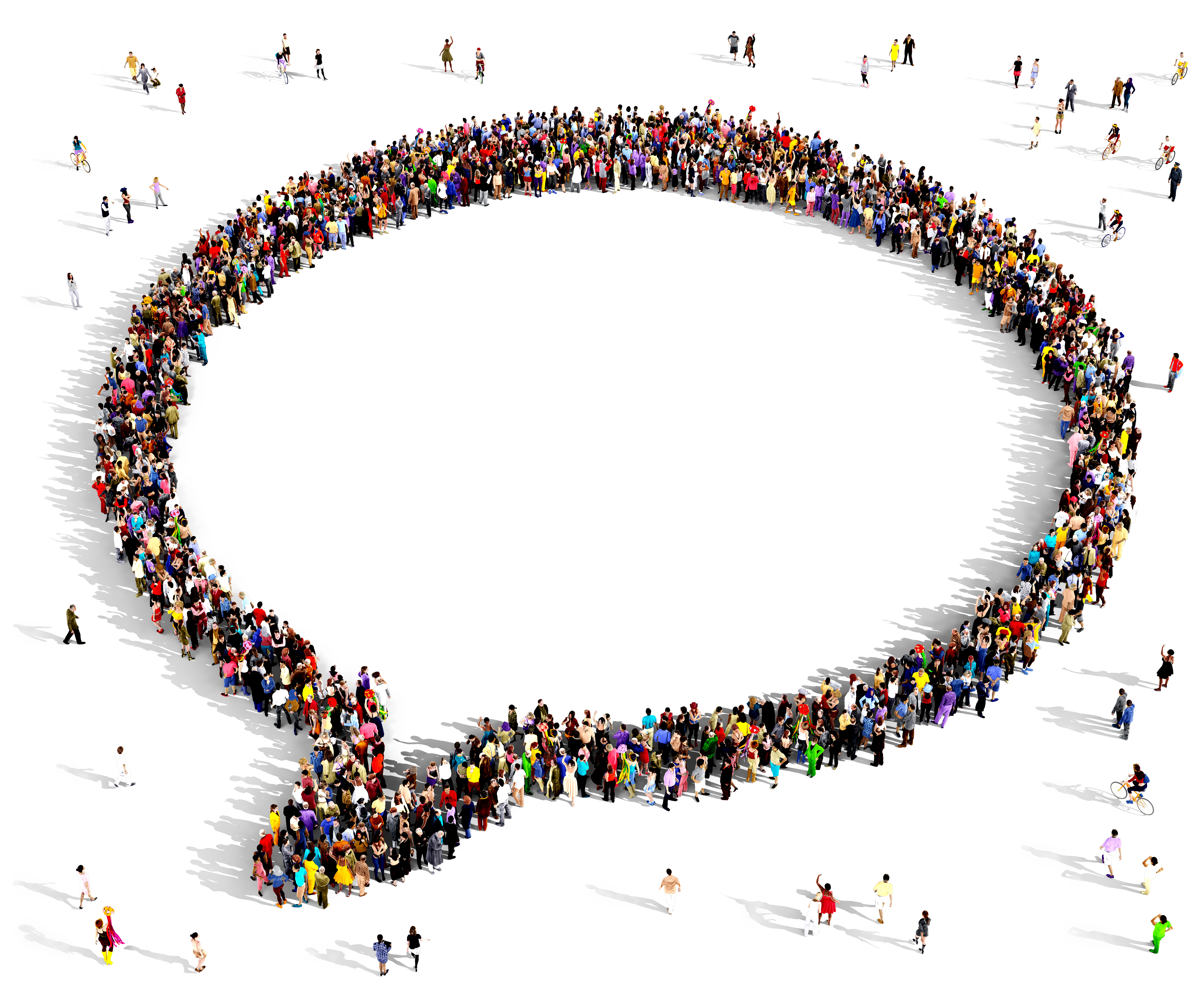 An aerial view of hundreds of people forming a speech bubble symbol