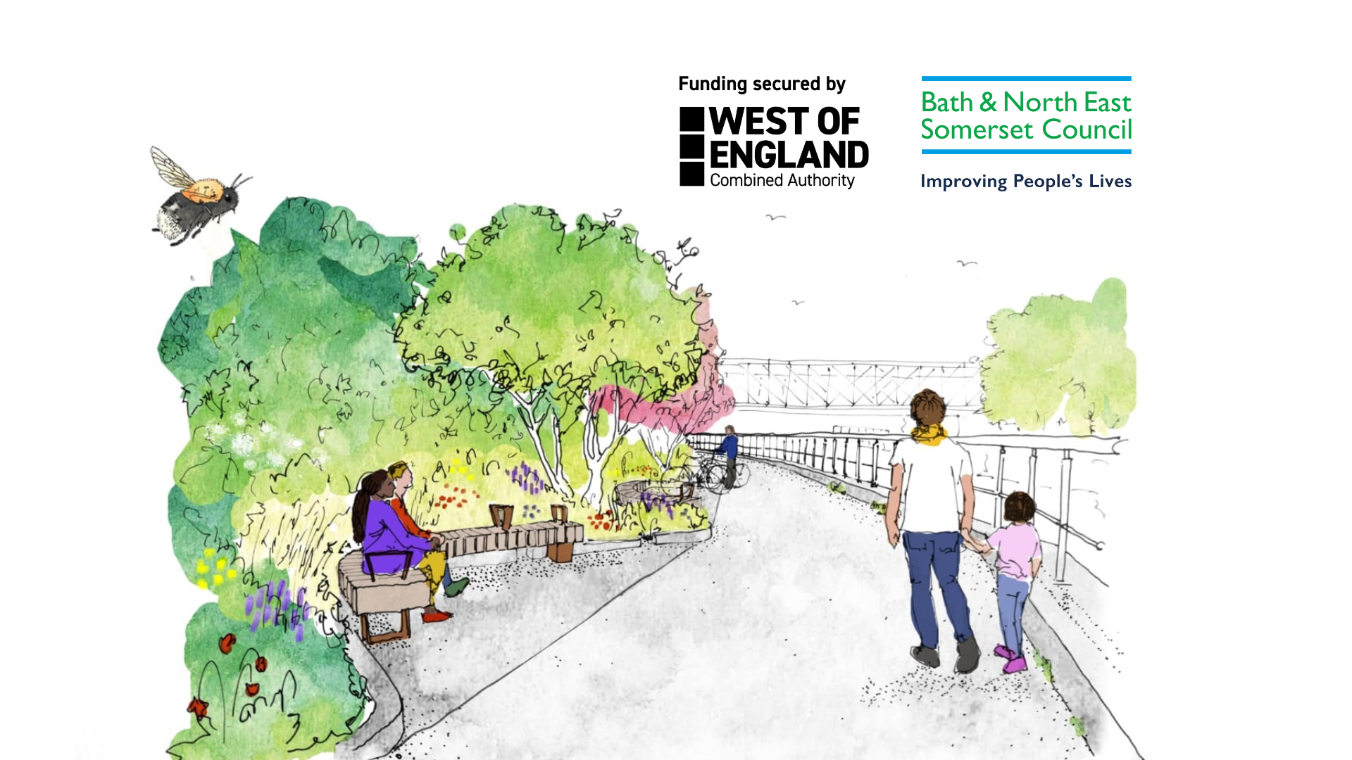 An artists impression showing a seat surrounded by planting, a cyclist and an adult and child walking.