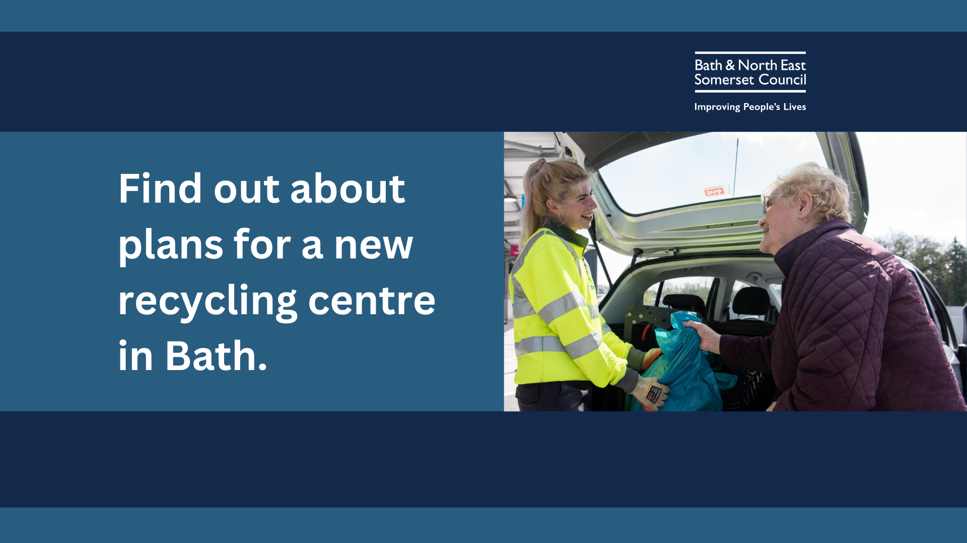 photo of a young woman in a high vis jacket helping an older woman lift a sack of rubbish from the boot of a car