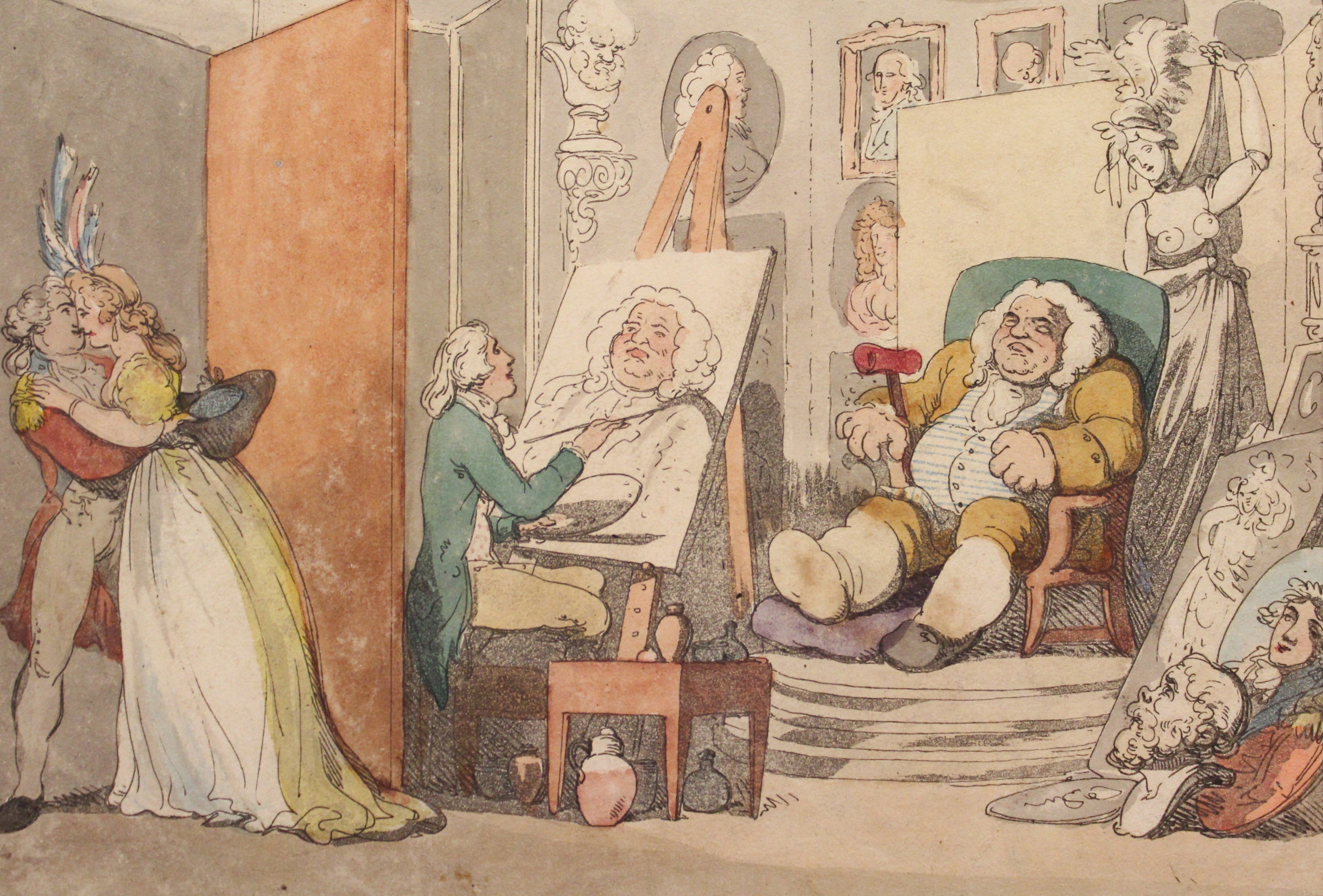 Thomas Rowlandson, Comforts of Bath - The Artist, showing a man being painted by an artist while a lady embraces another man behind a door