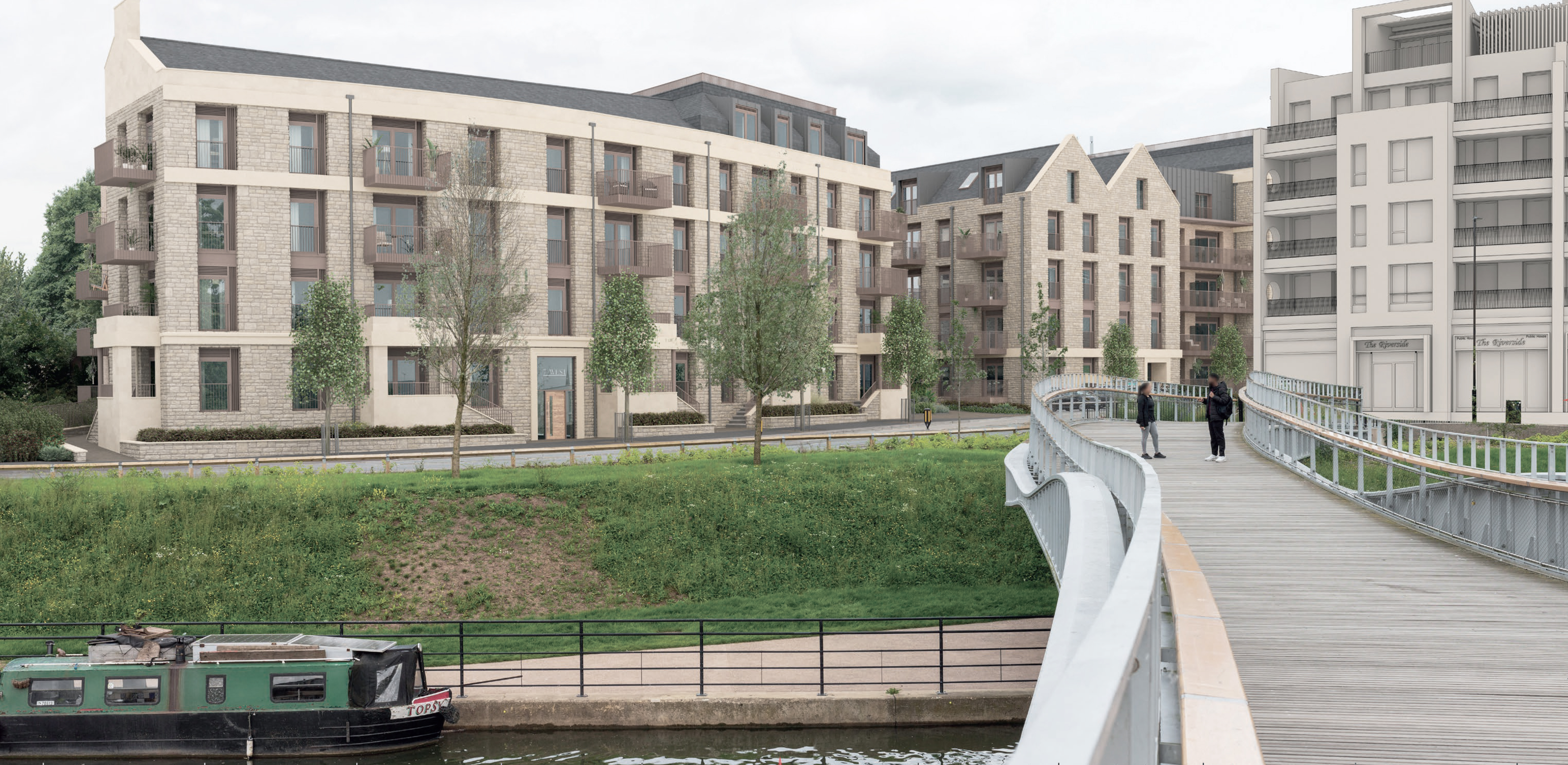 image is an artist impression of the development looking from the footbridge over the River Avon 