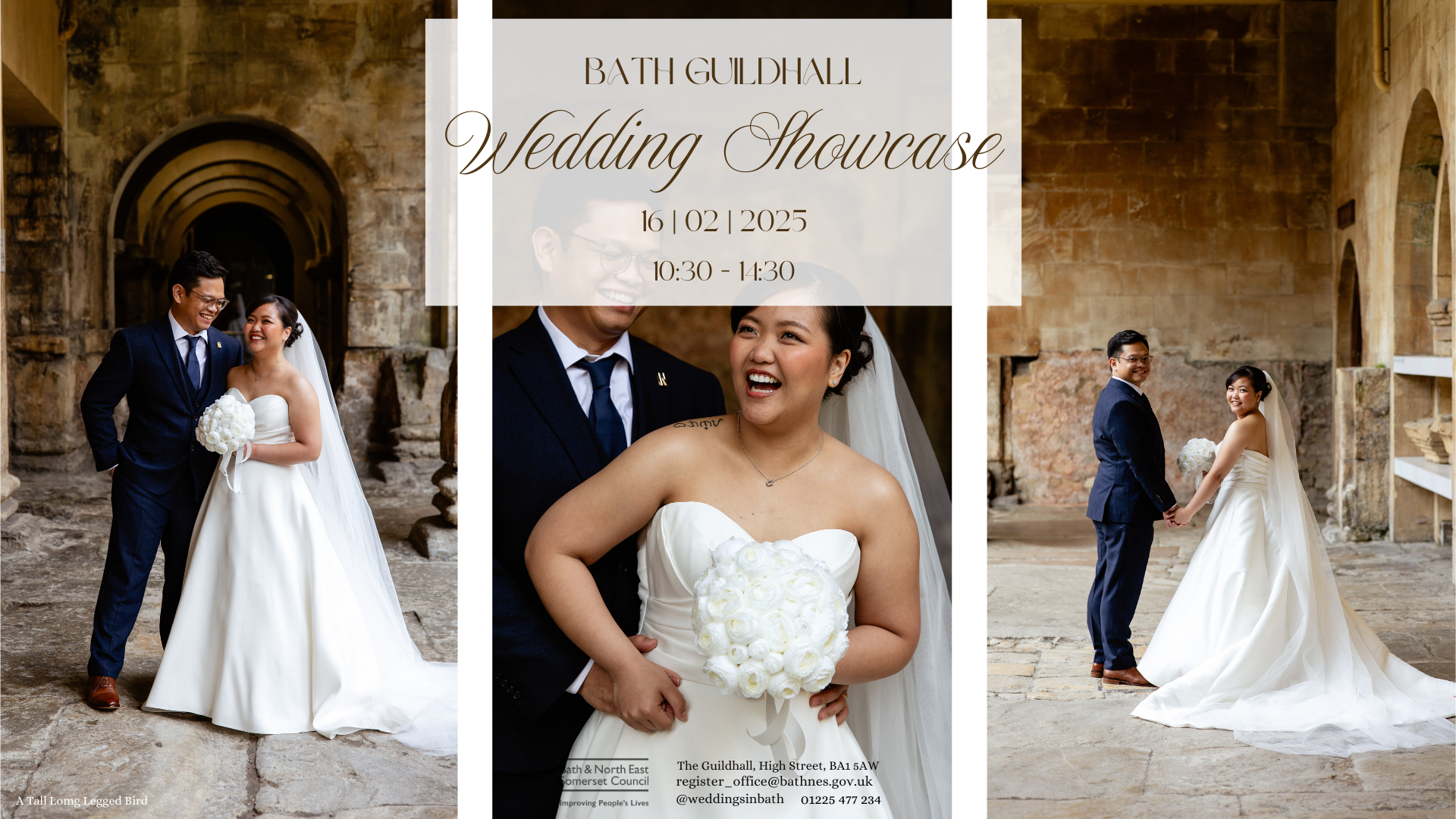 Three images of a bride and grooming standing in the Roman Baths