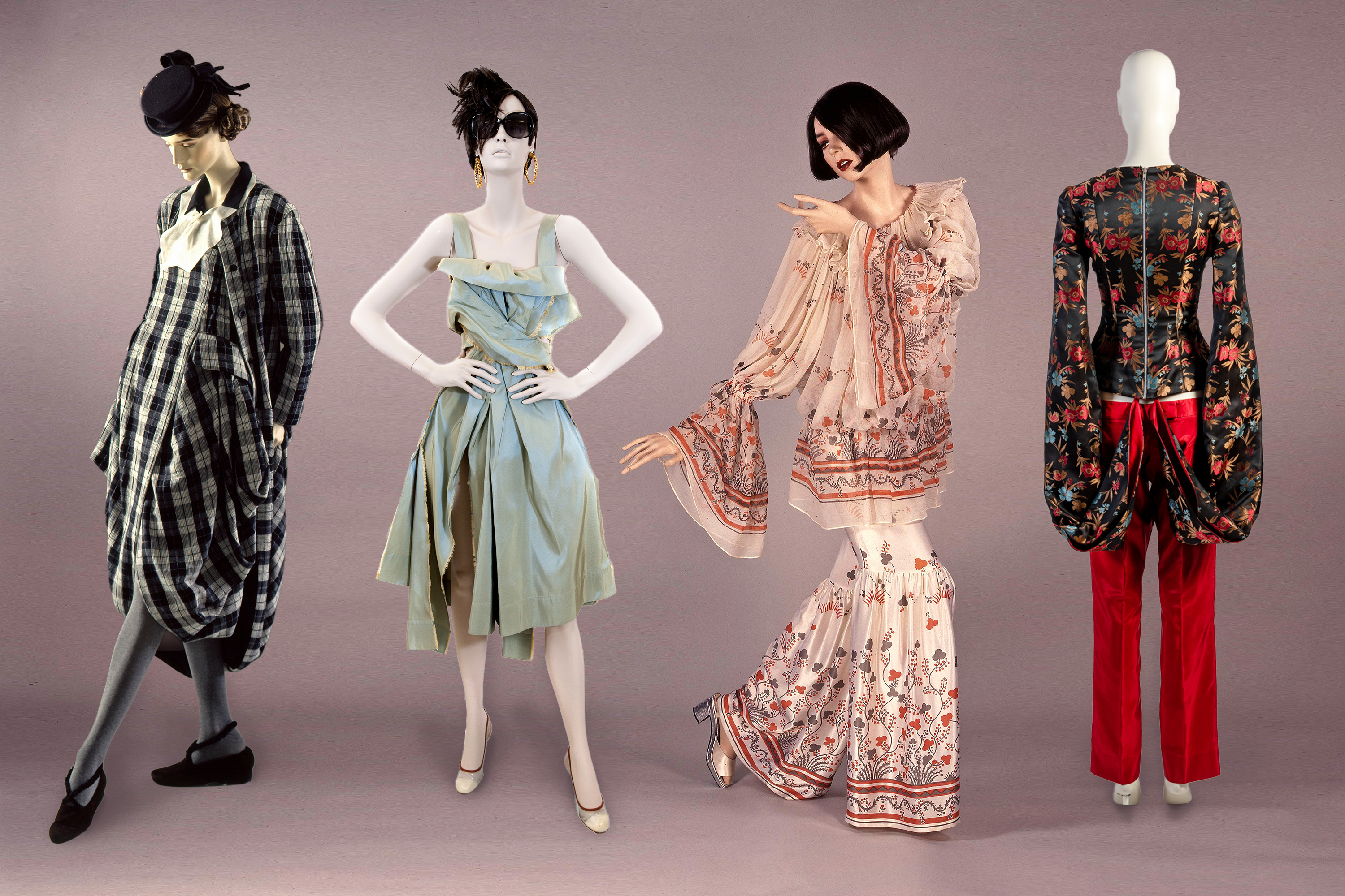 Pieces from the Fashion Museum Bath collection. From left to right:  John Galliano (1987); Vivienne Westwood (2010); Ossie Clark/Quorum (1969); Alexander McQueen (1996).