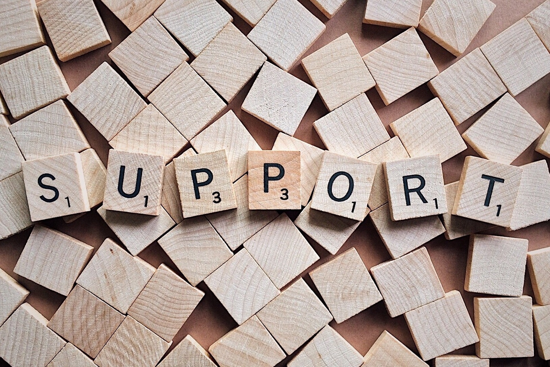 image shows scrabble letters spelling the word support 