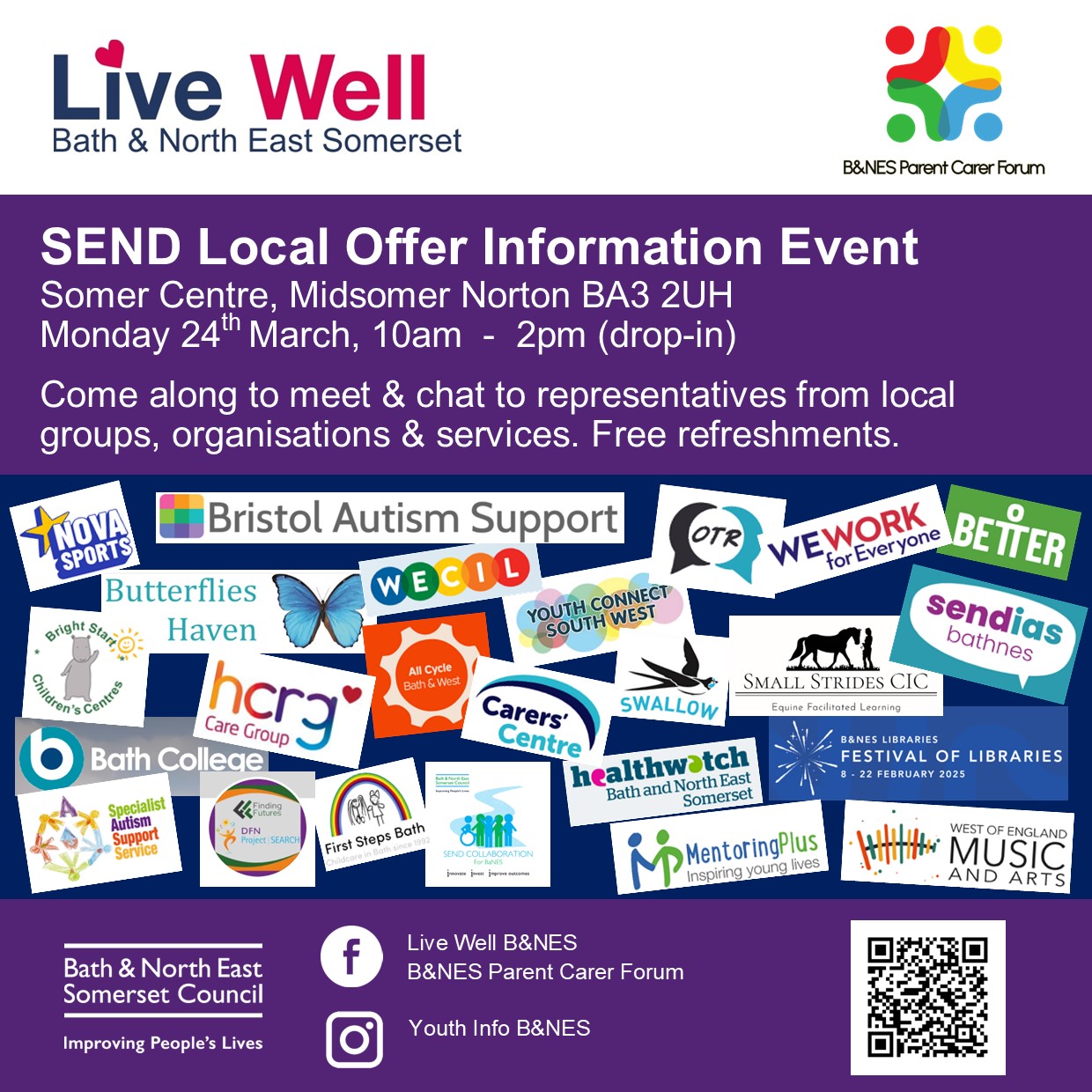 Details of SEND local offer information event on 24 March from 10am-2pm at the Somer Centre in Midsomer Norton