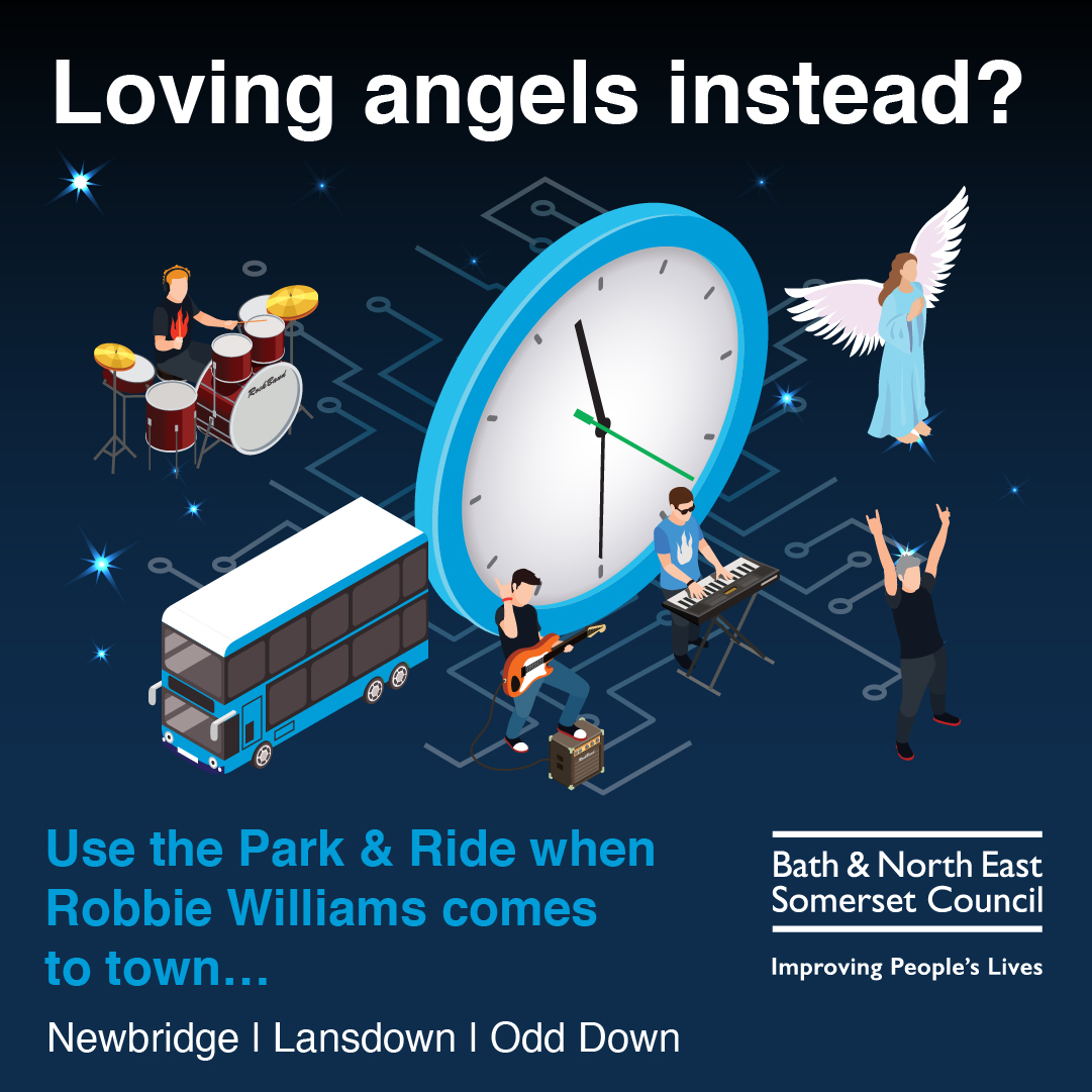 A giant clock, angel, drummer, guitarist, keyboard player and singer float under the words 'Loving angels instead?'
