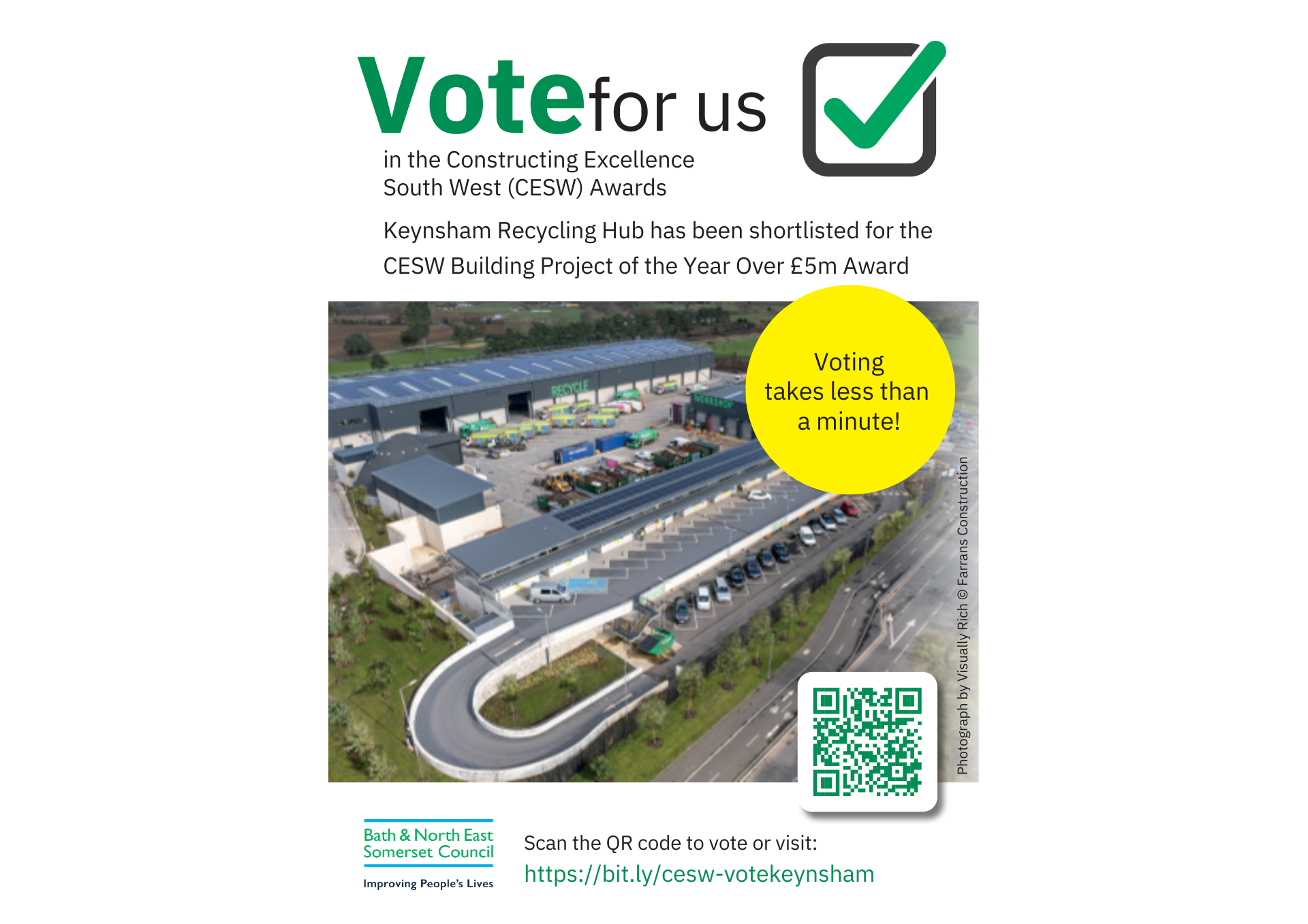 a drone image of the recycling hub with a QR code and links to the voting page for the award