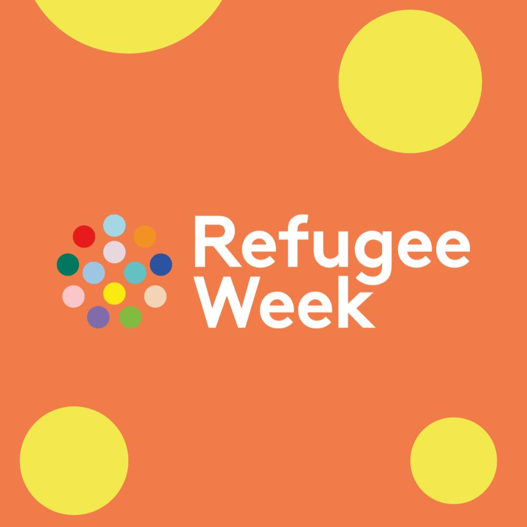 images is an orange box with yellow circles and the word Refugee WeekE