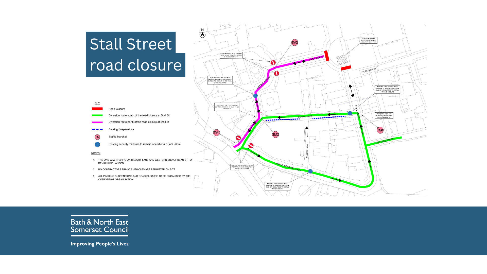 the image shows a detailed map with road closure and diversion routes