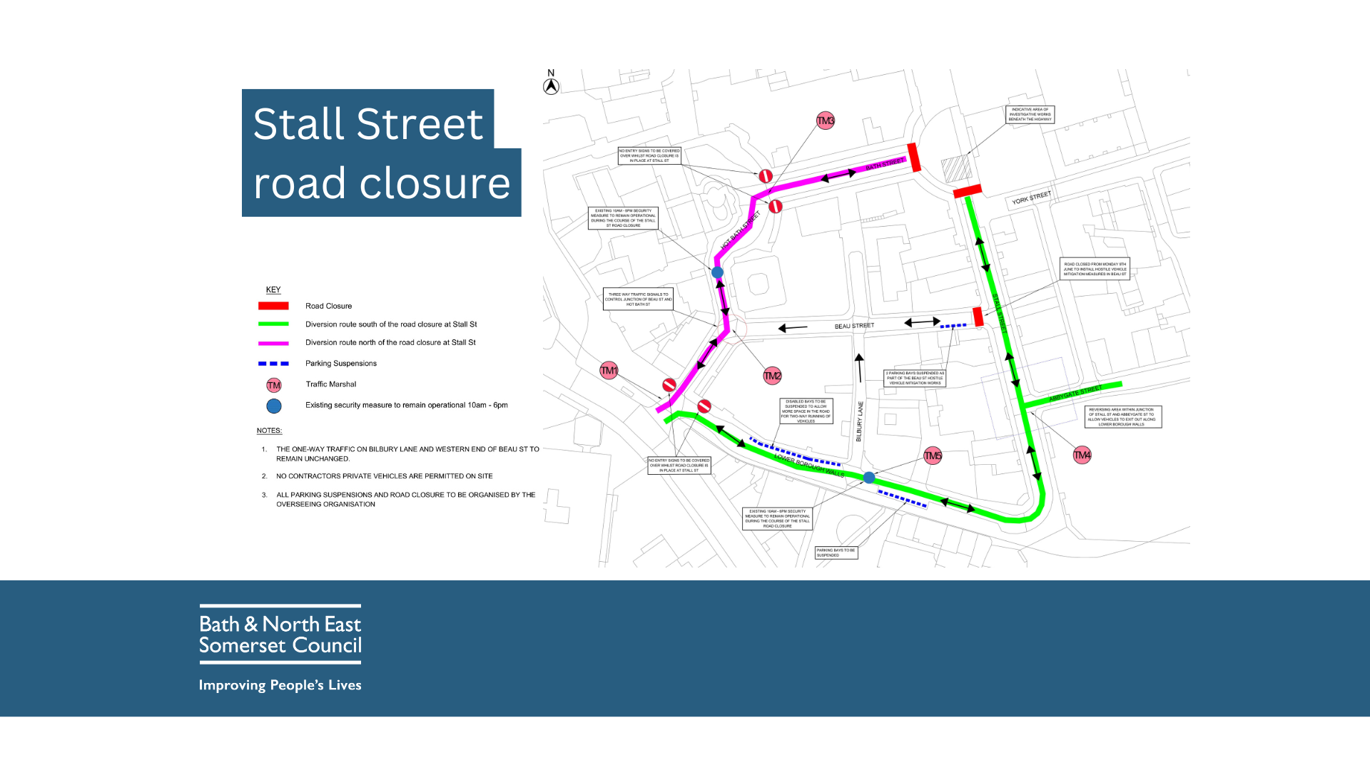 the image shows a detailed map with road closure and diversion routes