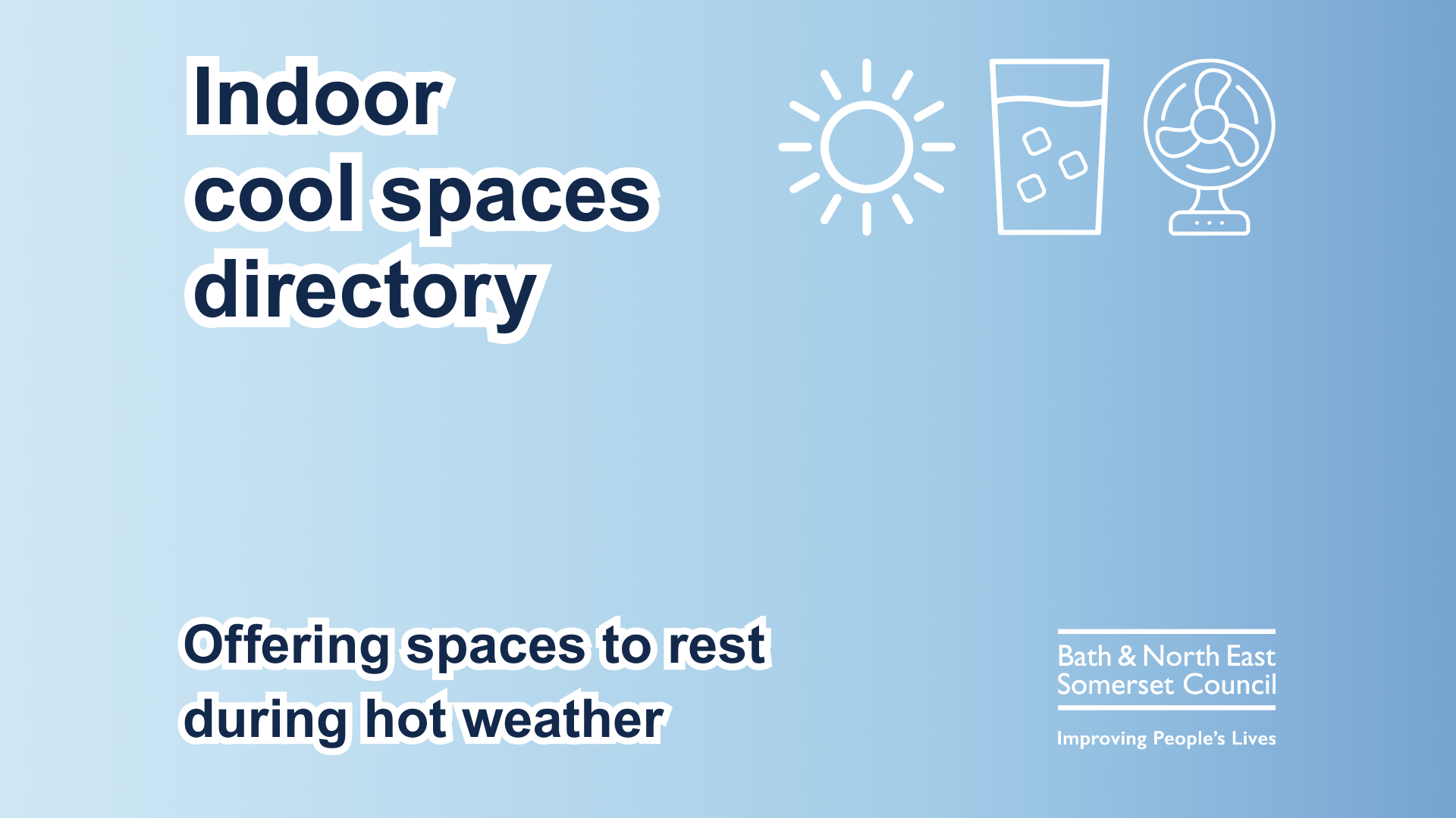 Indoor cool spaces directory graphic with icons of a fan and the sun.