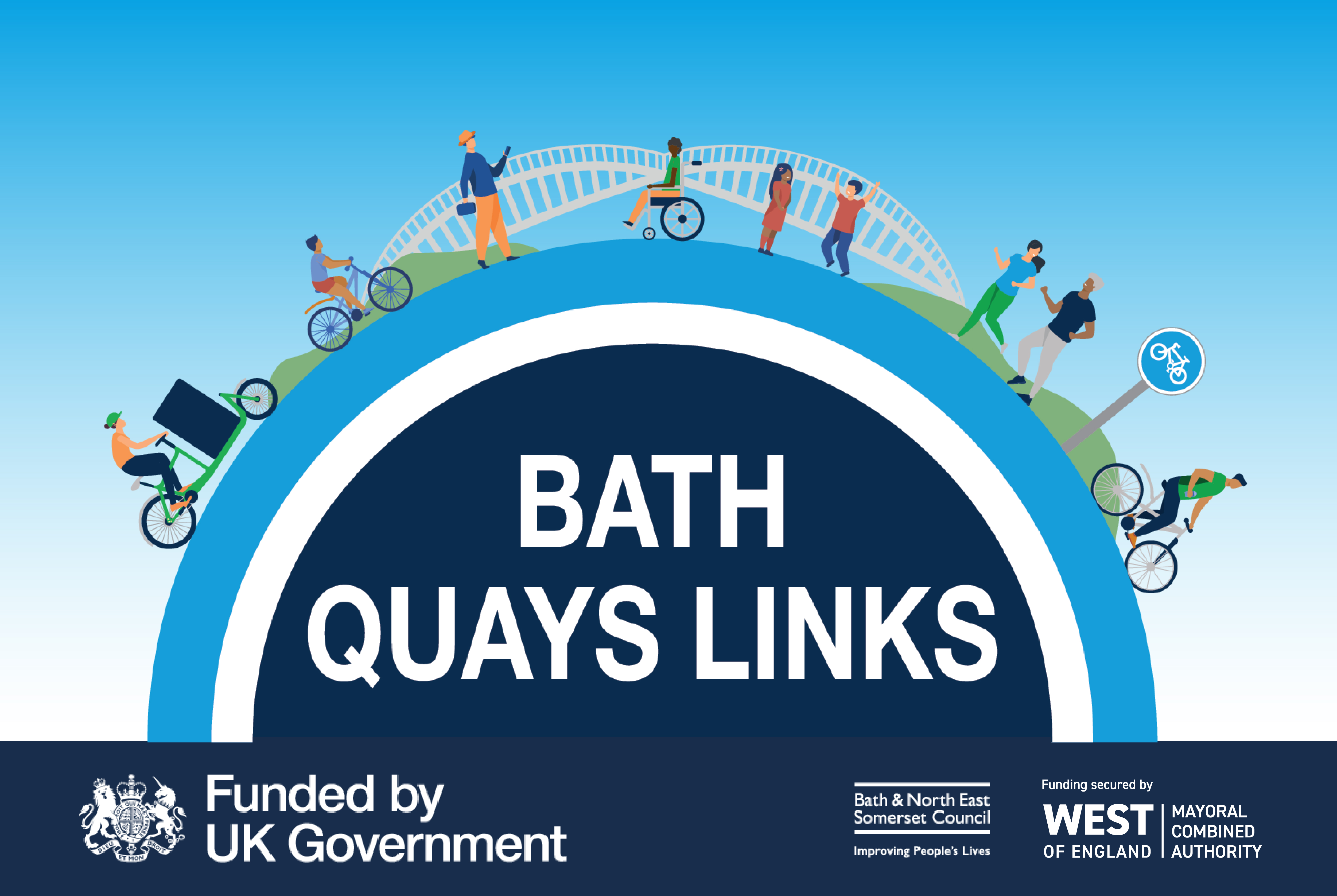 Bath Quays Links logo with Funded by UK Government, West of England Combined Authority and Bath & North East Somerset Council logos