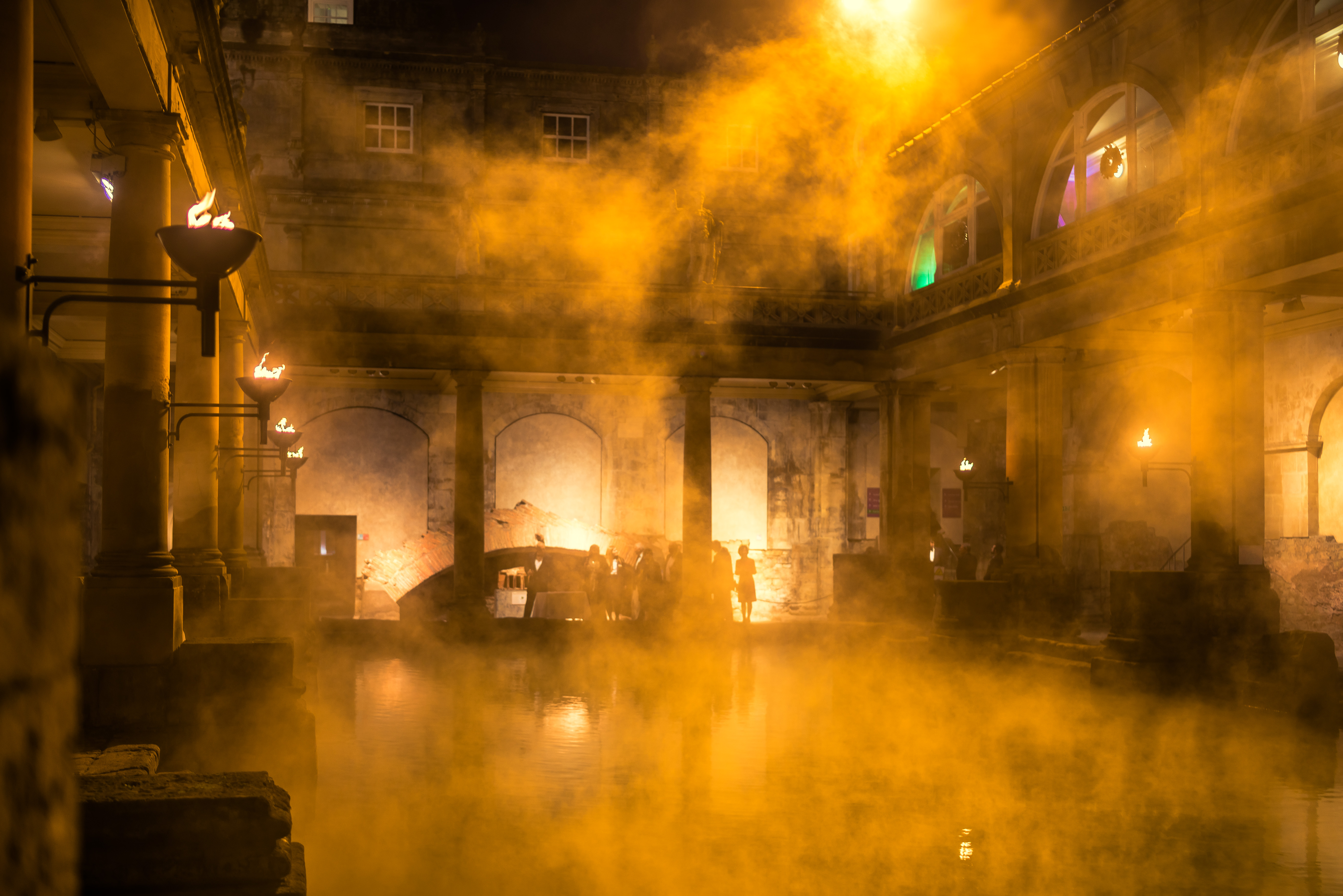 The Great Bath at night with steam