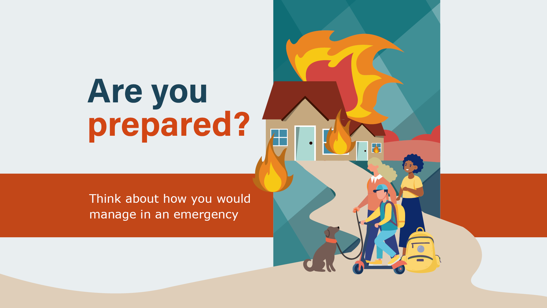 A burning house with people in the foreground and a dog and a yellow rucksack
