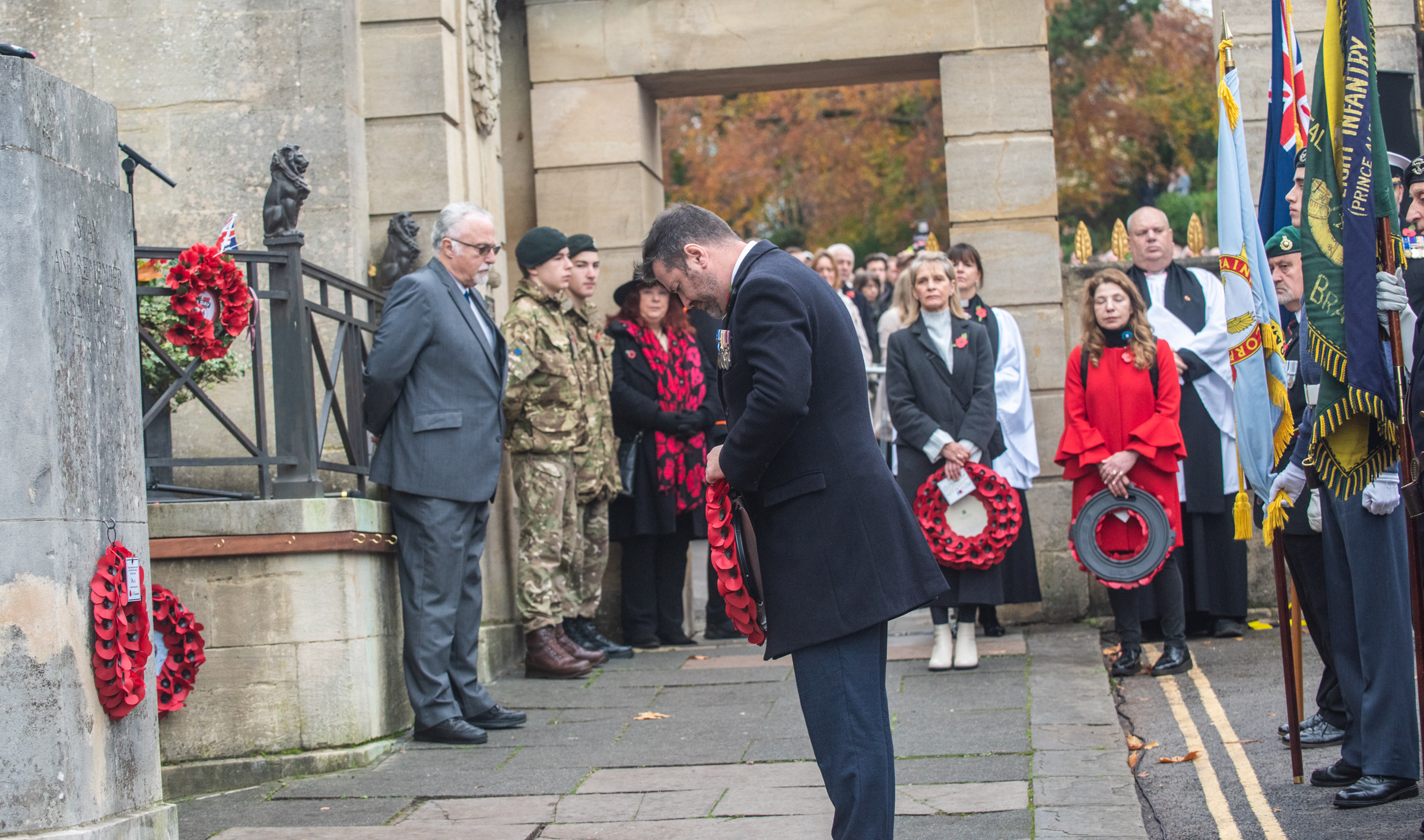 B&NES Council leader Councillor Kevin Guy lays a wreath at the War Memorial, Bath 