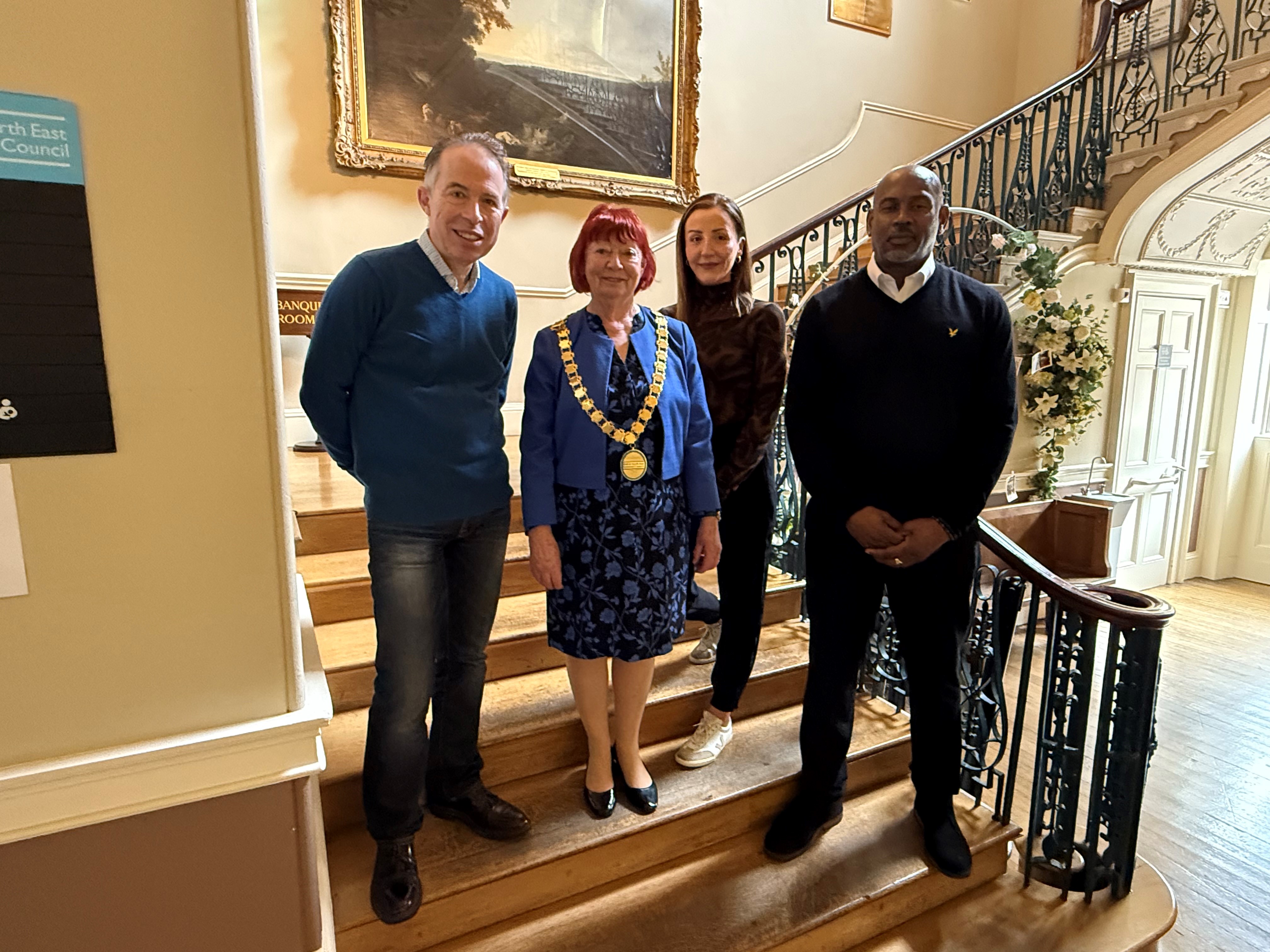 Photo - Left to right  Richard Maccabee, Chair of Bath and North East Somerset ALCA Area Group  Councillor Liz Hardman, Chair of Bath & North East Somerset Council  Amy Pollen, Council, Service Manager - Everyone Health  Roderic Dixon, The son of Beryl Dixon MBE.